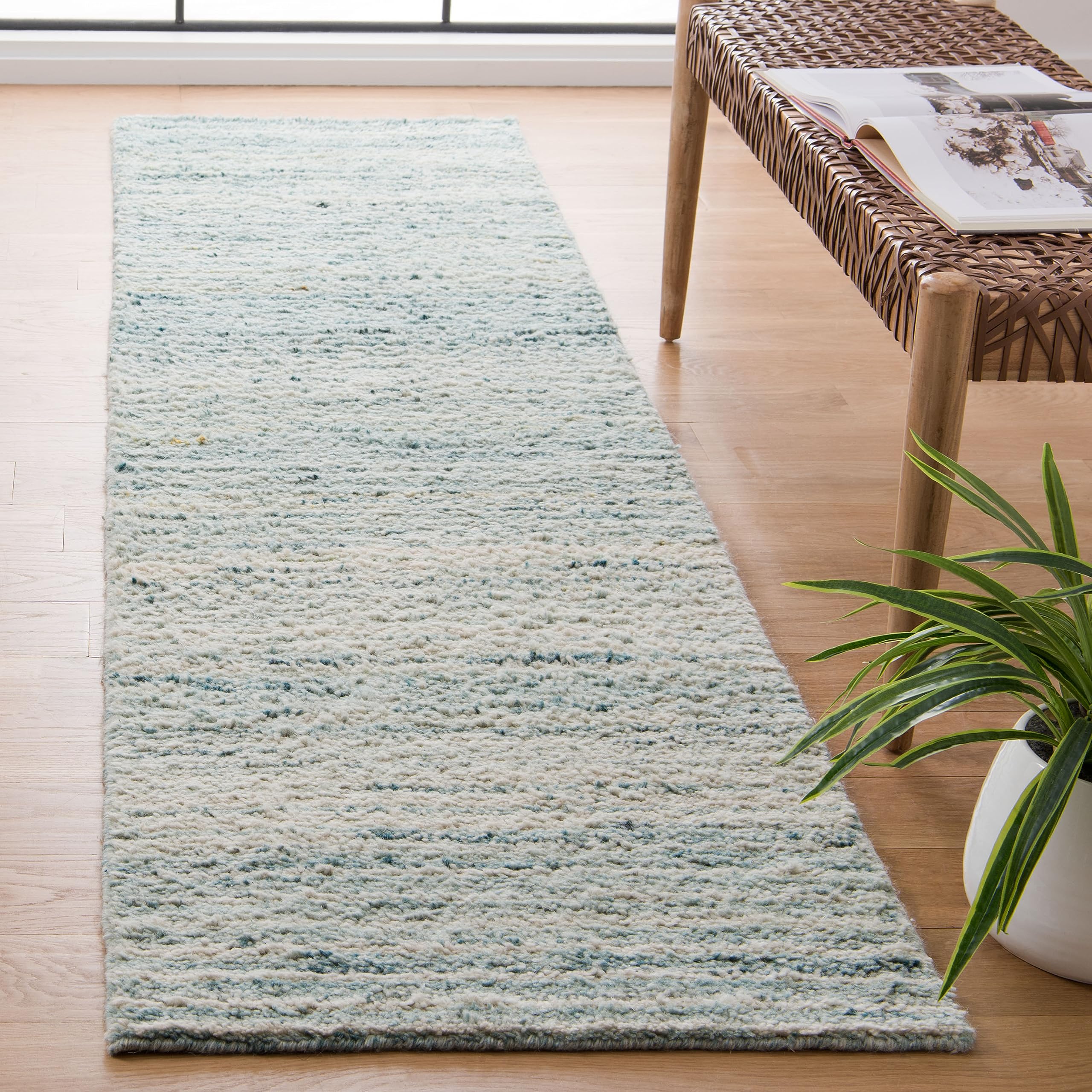 SAFAVIEH Casablanca Collection Runner Rug - 2'3" x 9', Turquoise & Ivory, Handmade Stripe Wool 0.8-inch Thick, Ideal for High Traffic Areas in Living