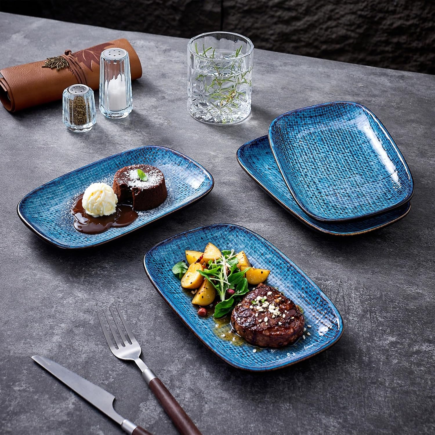 Handmade Ceramic Dinner Plates Set of 4, 8 Inch Porcelain Pasta Plates with Lipped Edge, Porcelain Salad Plates, Serving Plates Set for Salad , Pasta and Steak, Microwave and Dishwasher Safe, Blue