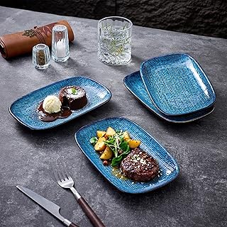 Handmade Ceramic Dinner Plates Set of 4, 8 Inch Porcelain Salad Plates with Lipped Edges, Rattan Lines Dinnerware Plates for Pasta, Salad and Steak, Microwave, Oven & Dishwasher Safe