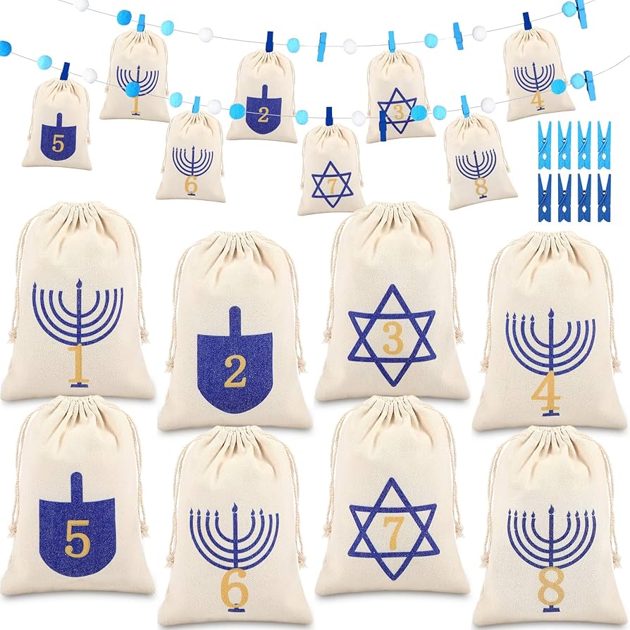 Amazon.com: Paterr 8 Pcs Nights of Hanukkah Gift Bags Hanukkah Countdown  Calendar Drawstring Bags 2 Pcs Hanukkah Ball Garlands and 8 Pcs Wooden Blue  Clothespins for Kids Chanukah Hanukkah Decorations Party Favor :