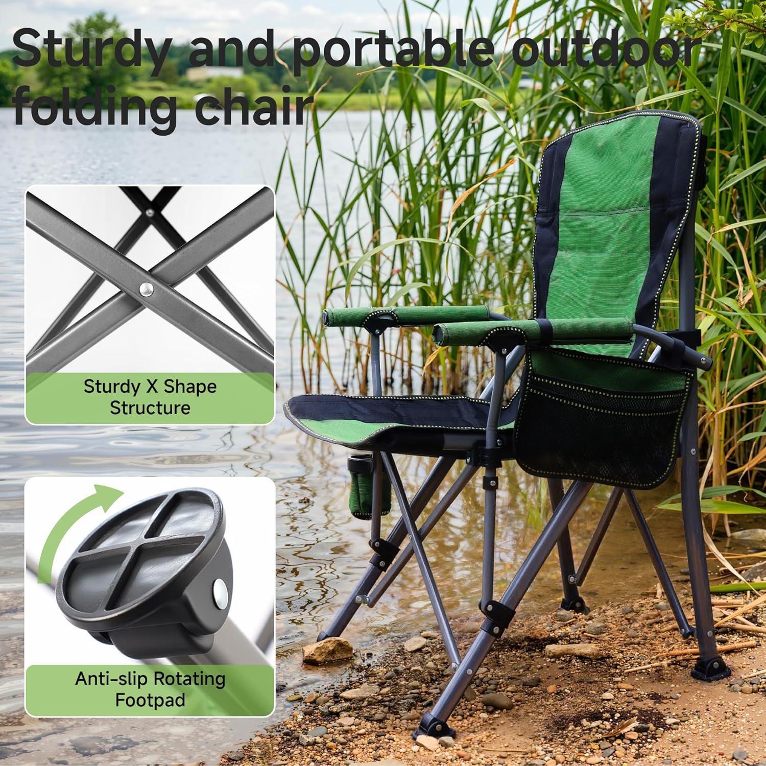 Folding Camping Chair with Cup Holder and Storage Bag, Heavy Duty Support 400 LBS, Oversized Collapsible Portable Camping Chair for Outdoor Camp, Picnic, Travel, Fishing Green - Image 5