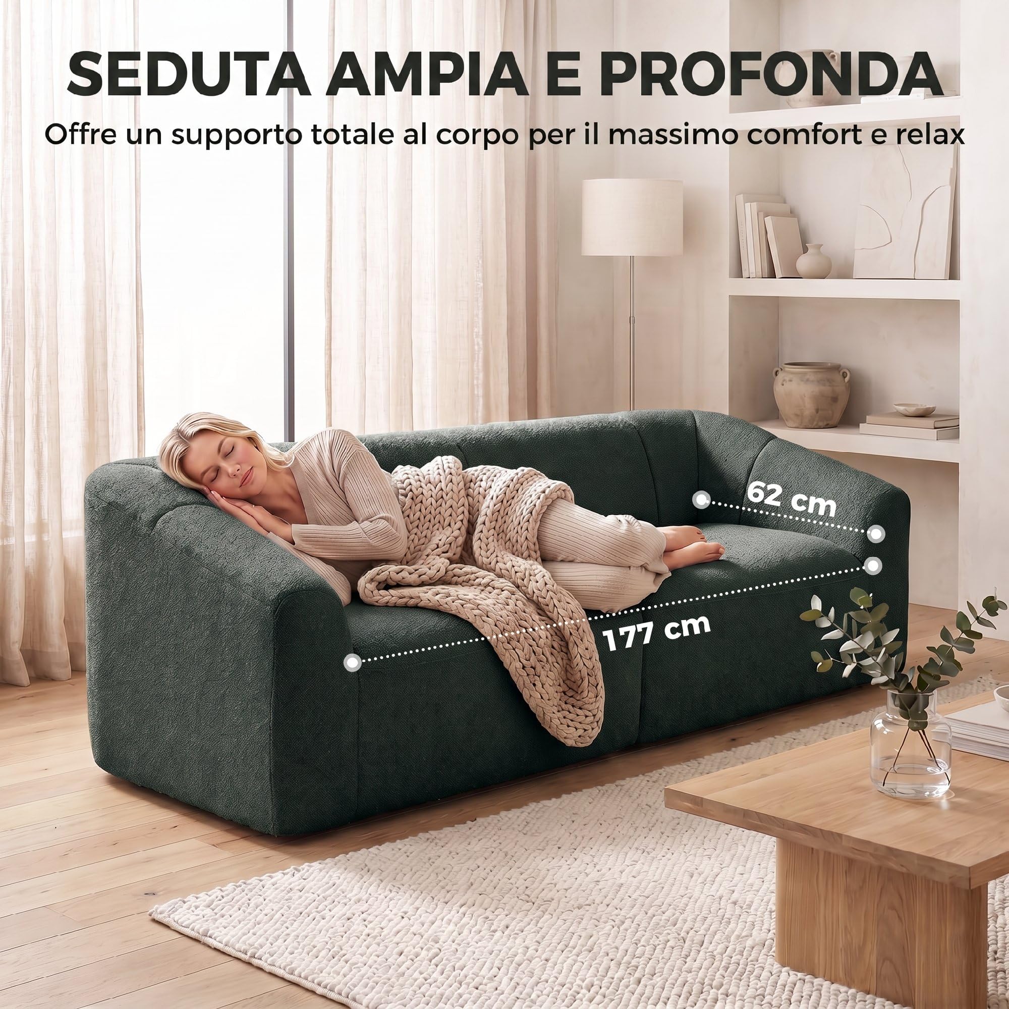 HOMCOM Divano 3 Posti Senza Struttura Seduta Ampia 225x93x68 cm Verde | Imbottitura Spessa, Divano Compresso Moderno in Ciniglia, per Salotto e Soggiorno, Verde Scuro