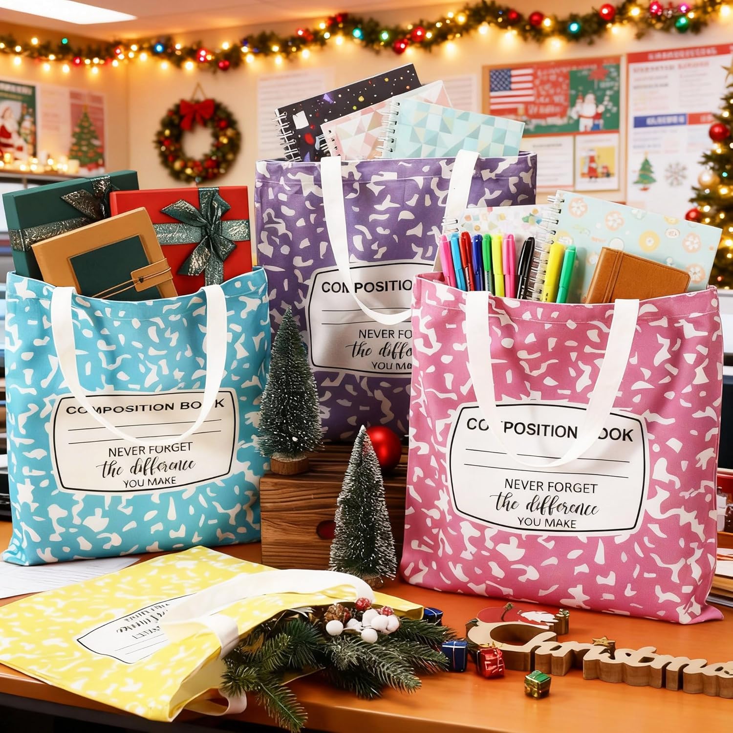 4 Pcs Teacher Valentine Gifts Canvas Tote Bag Composition Book Style School Counselor Appreciation Gifts for Women Educator Teacher, School Counselor Office Supplies - Image 3