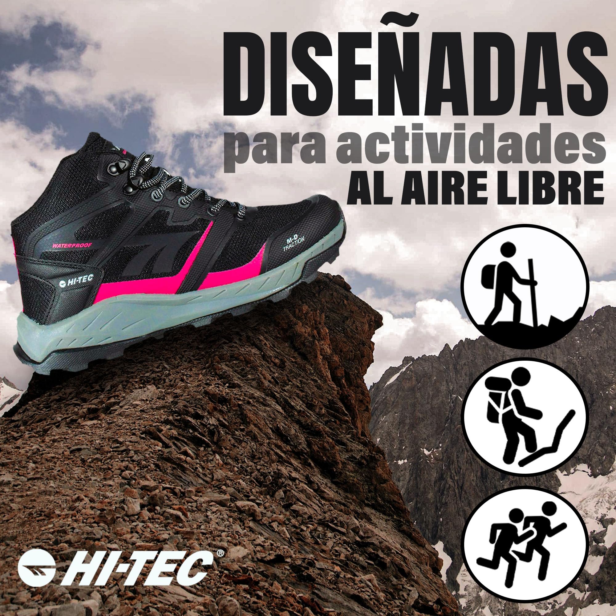 HI-TEC Toubkal Mid WP - botas de montaña mujer,zapatillas trekking con confort y protección, buena tracción y agarre, tirador trasero, membrana impermeable, ajuste seguro, ideales para senderismo