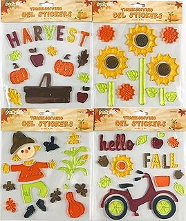 Fall Gel Clings: Harvest Pumpkin Apples Picnic Basket Sunflowers Colorful Leaves Decorations for Home Office Windows Mirrors and More