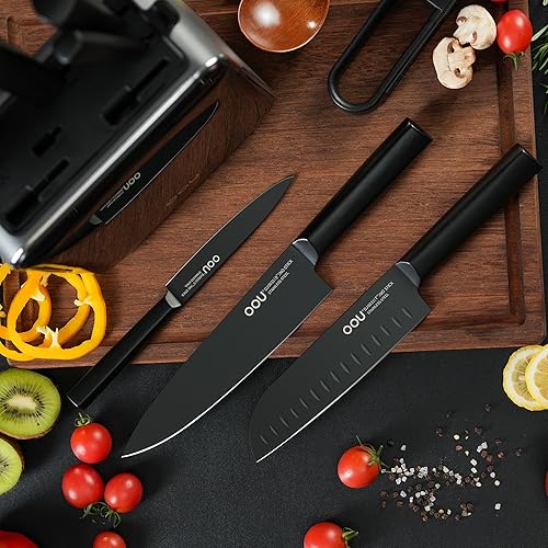 Miniatura 9 de OOU Juego de cuchillos con bloque y afilador, juego de 9 piezas de bloques de cuchillos de acero alemán de alto carbono, juego de cuchillos aptos