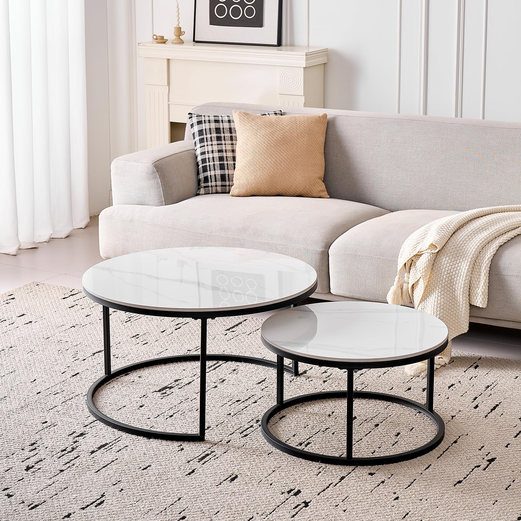 Lot de 2 Tables Basses Gigognes Ronde avec Plateau en Céramique Technique (Non en MDF),Tables D'Appoint Idéal pour Salon, Chambre, Balcon (Blanc+Noir), 50+70cm