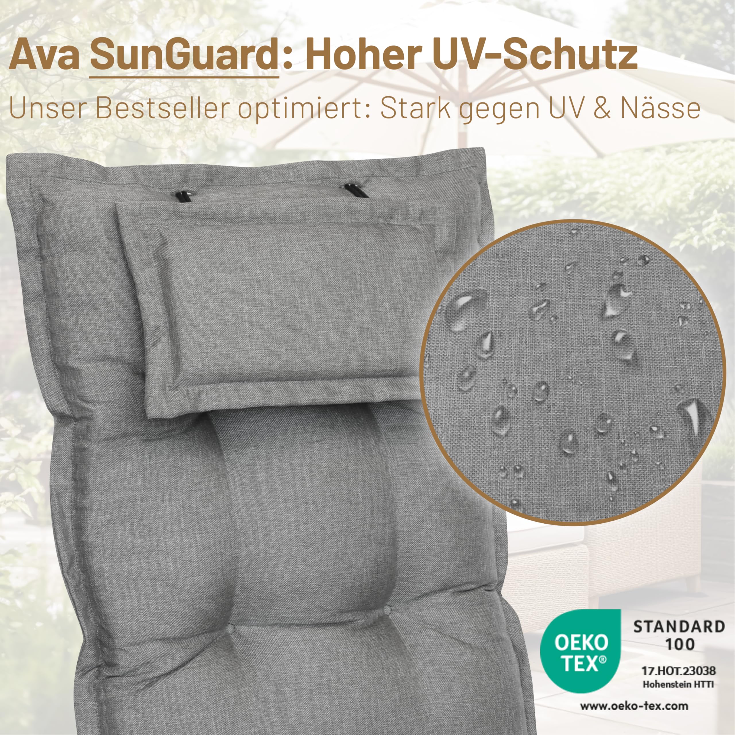 Herlag Liegenauflage AVA Sun-Guard 190x60x9cm | UV-Schutz gegen Ausbleichen | Extra Dickes Liegekissen 9 cm mit Kopfpolster | Liegepolster mit Deluxe-Komfort | Öko Tex 100 | Silber