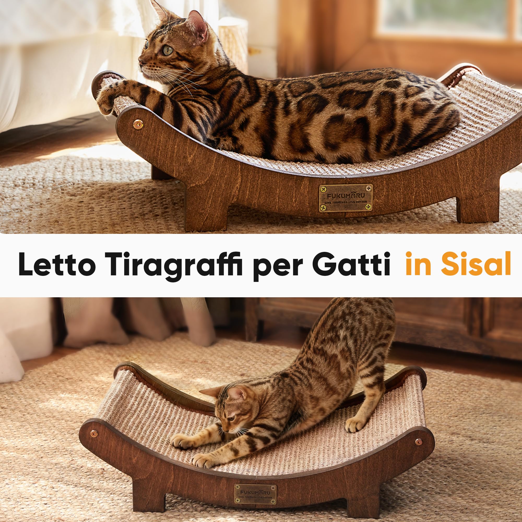 FUKUMARU Cuccia Tiragraffi in Sisal per Gatti, 60cm Letto Tiragraffi Resistente per Gatti da Interno, Amaca in Sisal Naturale 100%, Struttura in Legno Massello per Dormire e Farsi le Unghie (Noce)
