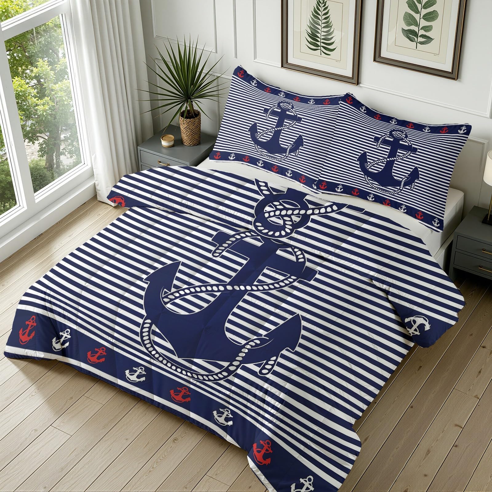 Nautischer Anker Bettdecke Ohne Bezug - Blau Weiß Streifen Bettdecke 220x240 mit 2 Kissenbezug 80x80 cm - Waschbare Bettdecken Weich für 4 Jahreszeiten Duvet mit Reißverschluss