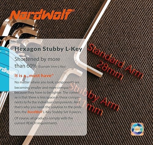 Miniatura 4 de NordWolf Juego de 9 llaves Allen métricas de extremo de bola de brazo extra largo llaves hexagonales de grado industrial hechas de acero S2 tamaños