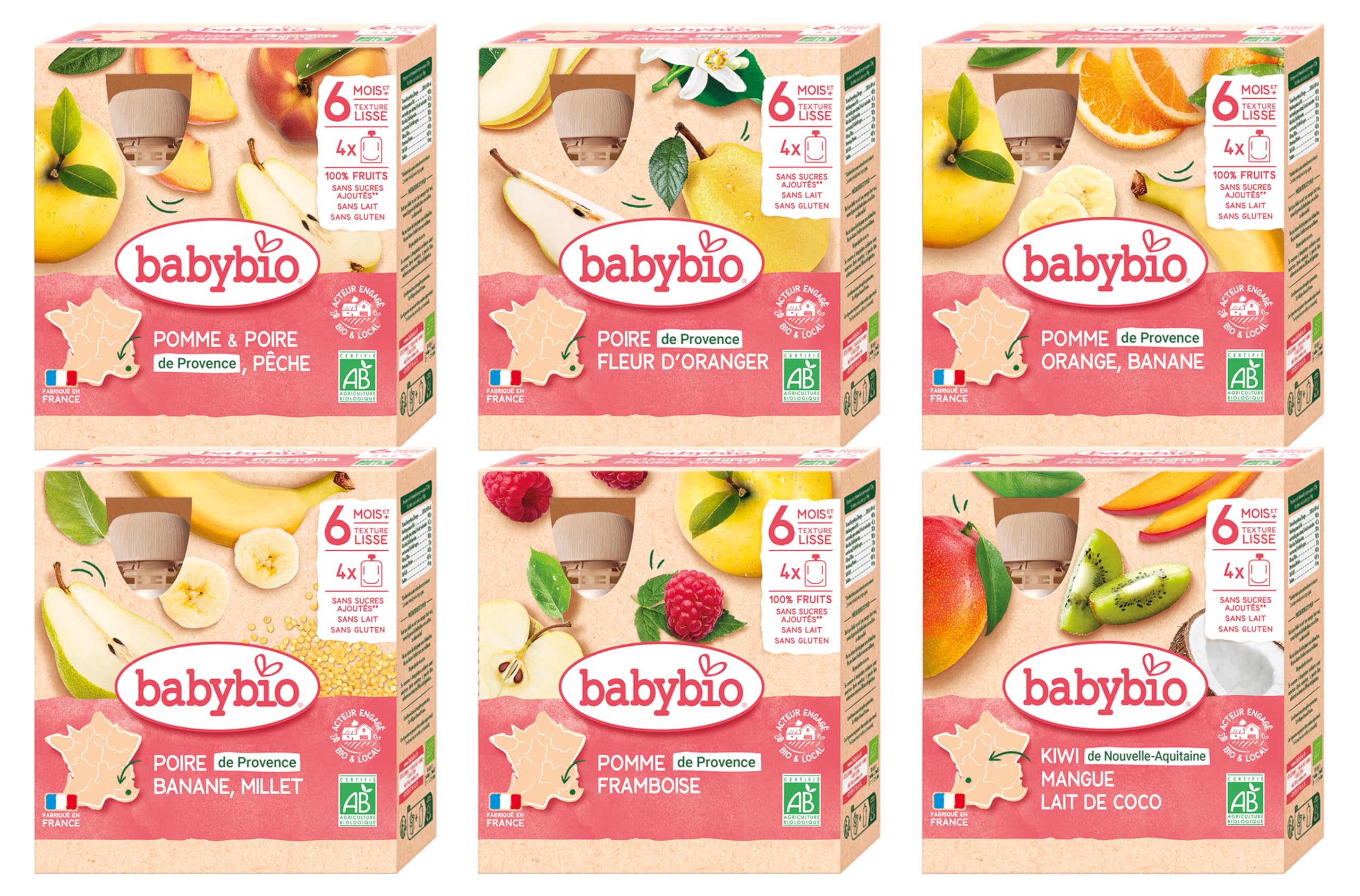 BABYBIO - Gourdes de Purées de Fruits pour bébé - BIO - Dès 6 Mois - 24x90g (4x6 variétés)