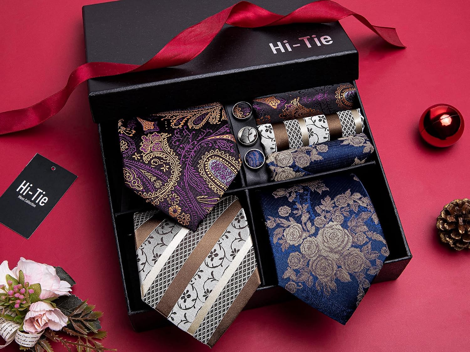 Hi-Tie 3 Pcs Gift Box Mens Tie Set Necktie with Pocket Square Cufflinks Lapel Pin Silk Neck Tie Collection