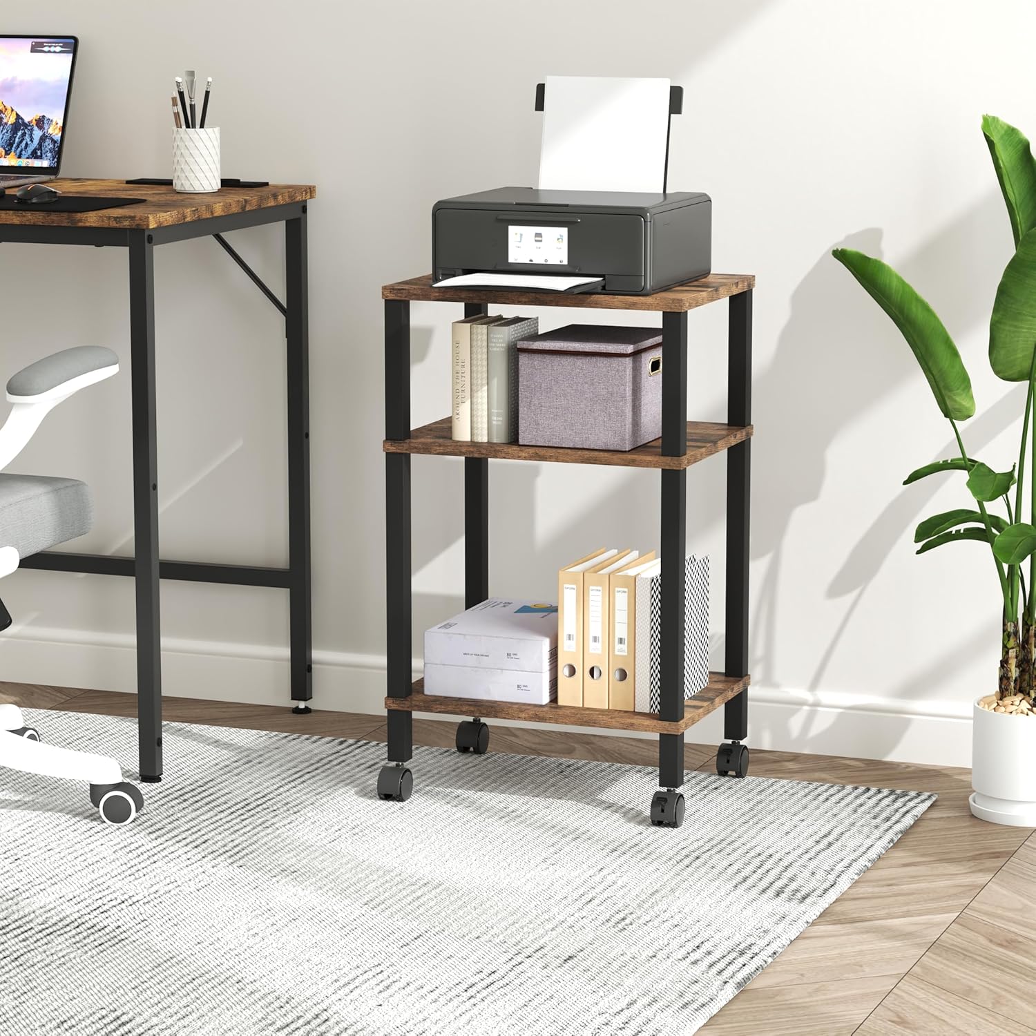 3-Tier Printer Stand with Storage, Mobile Printer Cart with Rolling Casters & Adjustable Feet, Under Desk Storage Shelf for Home Office, Rustic Brown, 15.7" x 11.8" x 25.9"