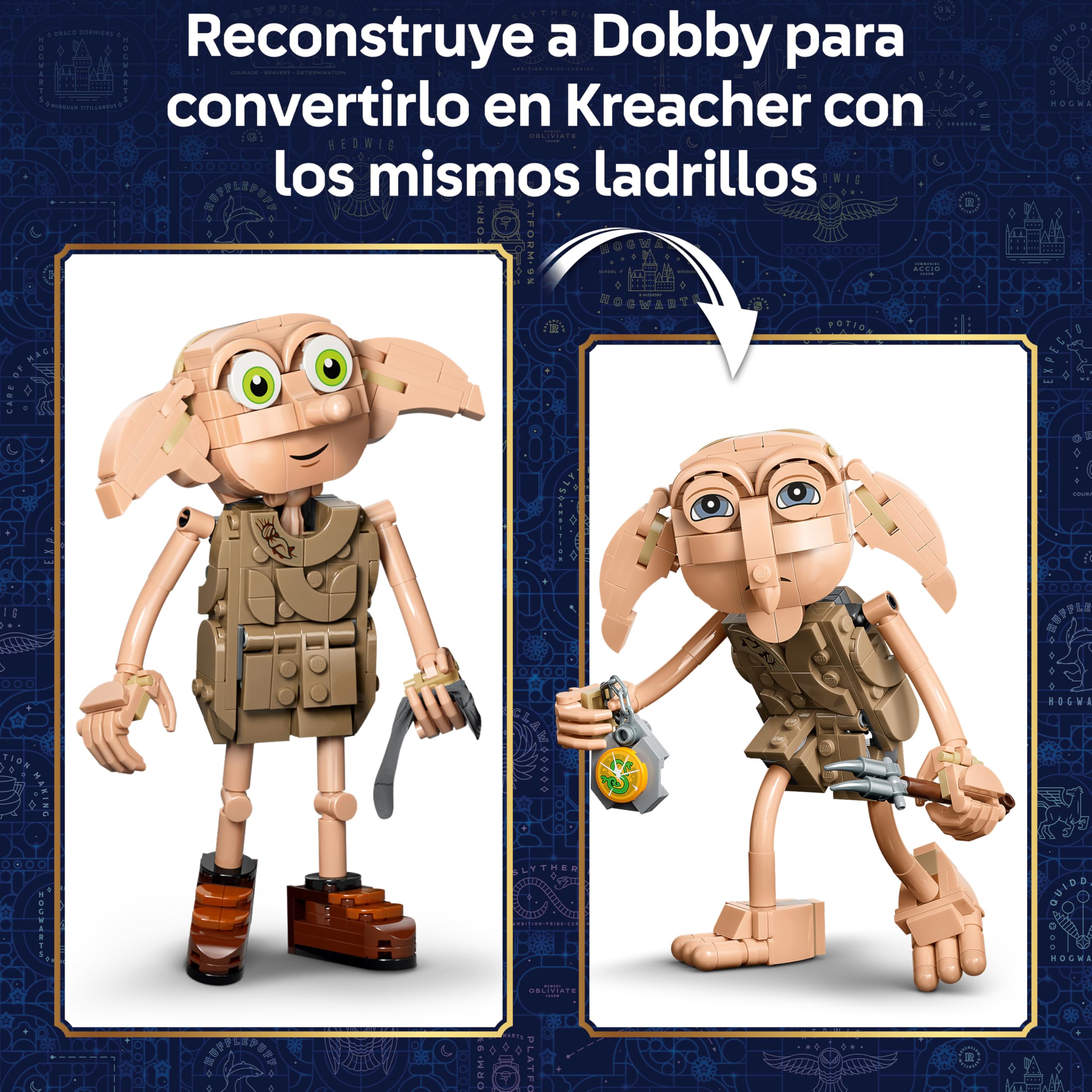 LEGO Harry Potter 2en1 Dobby el Elfo Libre de Juguete - Kit de Maquetas Transformable en Figura de Kreacher - Decoración para el Dormitorio - Regalo para Niñas, Niños y Fans de 8+ Años - 76469