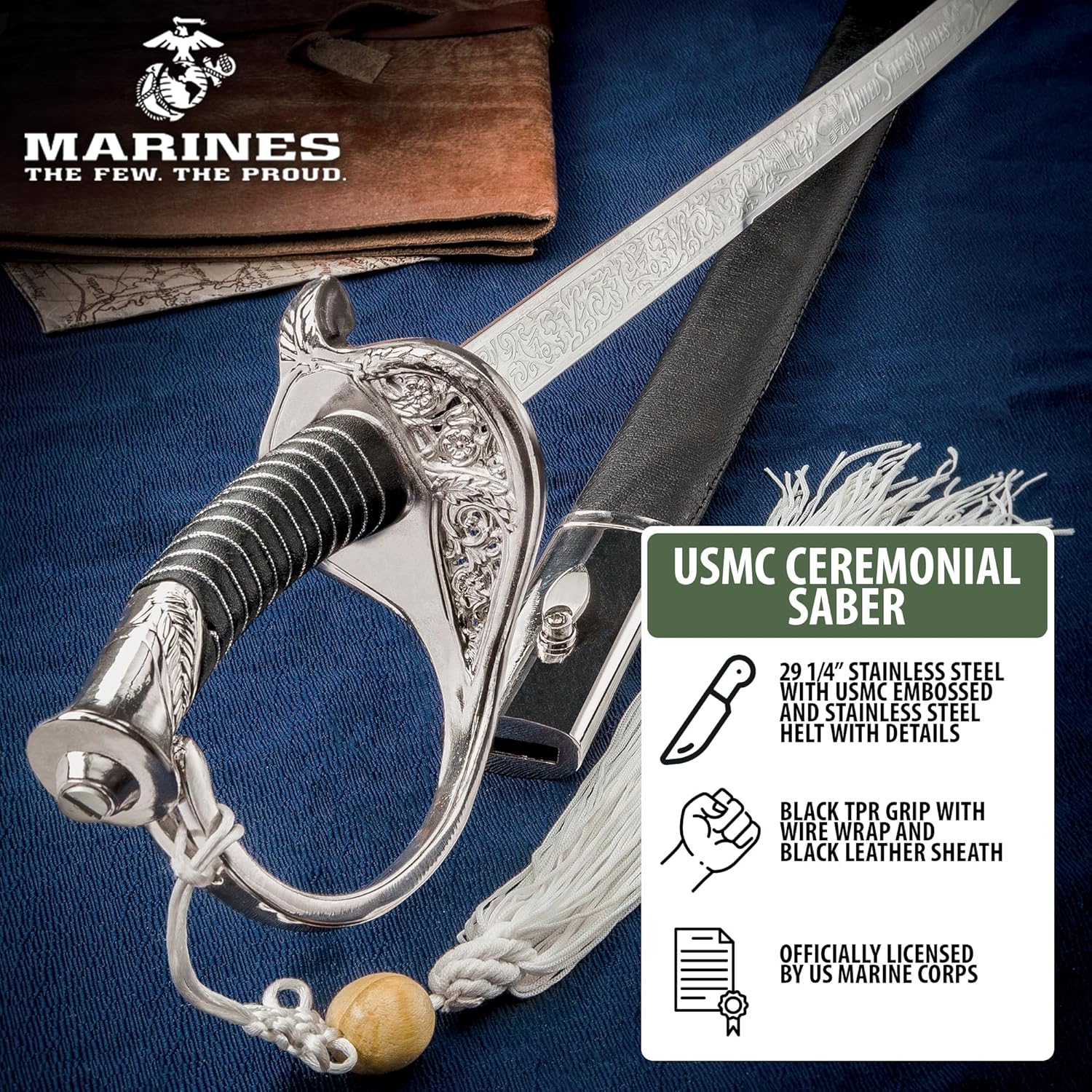 USMC Ceremonial Saber Sword | Officially Licensed United States Marines Sword | 29 1/4" Stainless Steel Embossed Blade | Sheath with Stainless Accents | Wire-Wrapped TPU Grip | 35" Overall