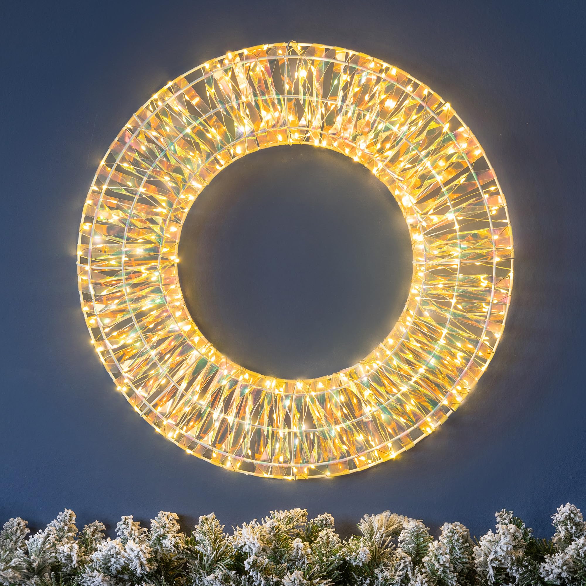 Christow Warm White Light Up Christmas Wreath 50Cm, Iridescent Micro Led Hanging Door Wall Window Decoration, Mains Powered, Indoor Outdoor Home Garden (380 Leds)
