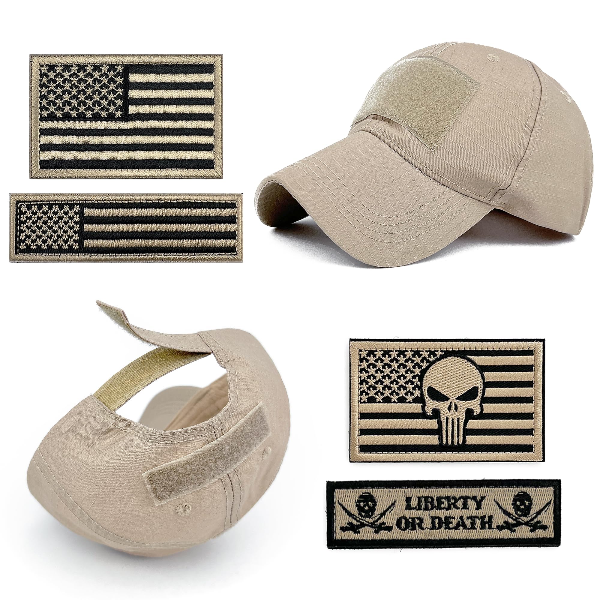 Loneshark Tactical Military Mens Camo Baseball Hat with American Flag Skull Patch Patriotic Operator Camouflage Cap for Women