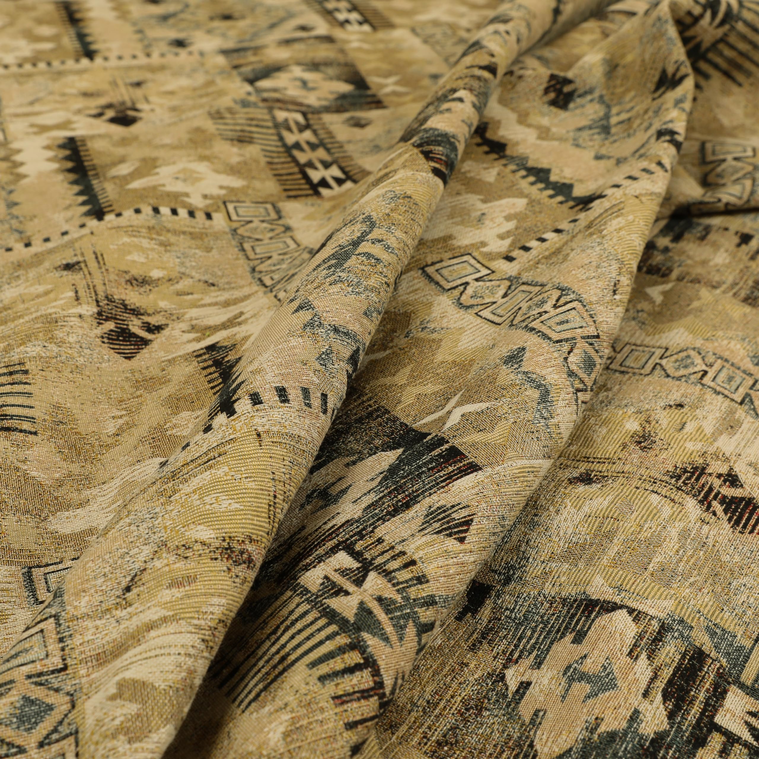 Redbrick Mill Fabrics Flame Retardant Jacquard Tapestry Kilim Aztec Patchwork Pattern Blue Beige Chenille Upholstery Fabric (Per Metre) โ image 1