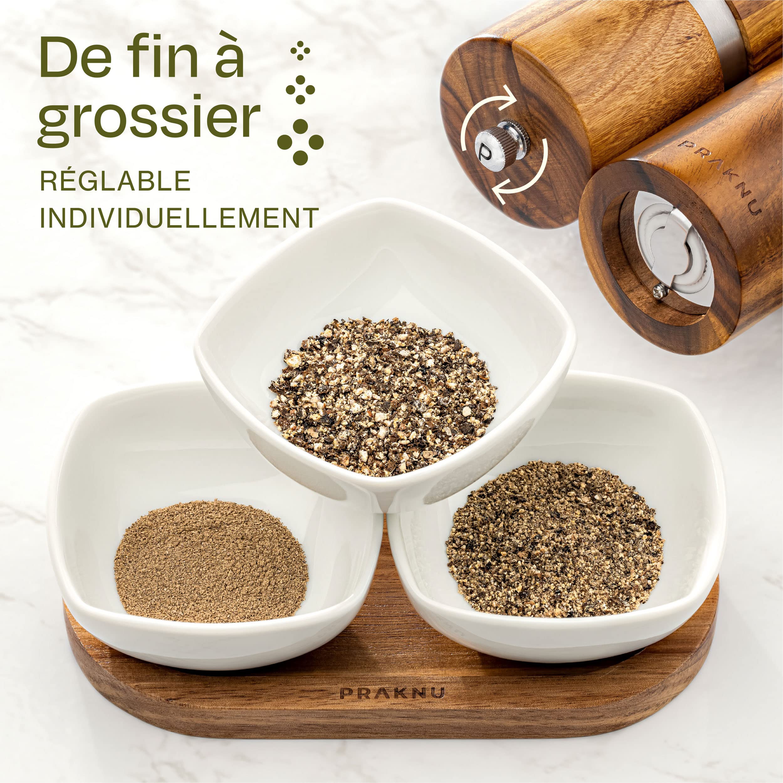 Praknu Moulin à Poivre et à Sel en Bois d'Acacia – Poivrière – Soucoupe | Broyeur en céramique durable, sans plastique, bois certifié FSC, dessous de plat fourni, pour la table du repas