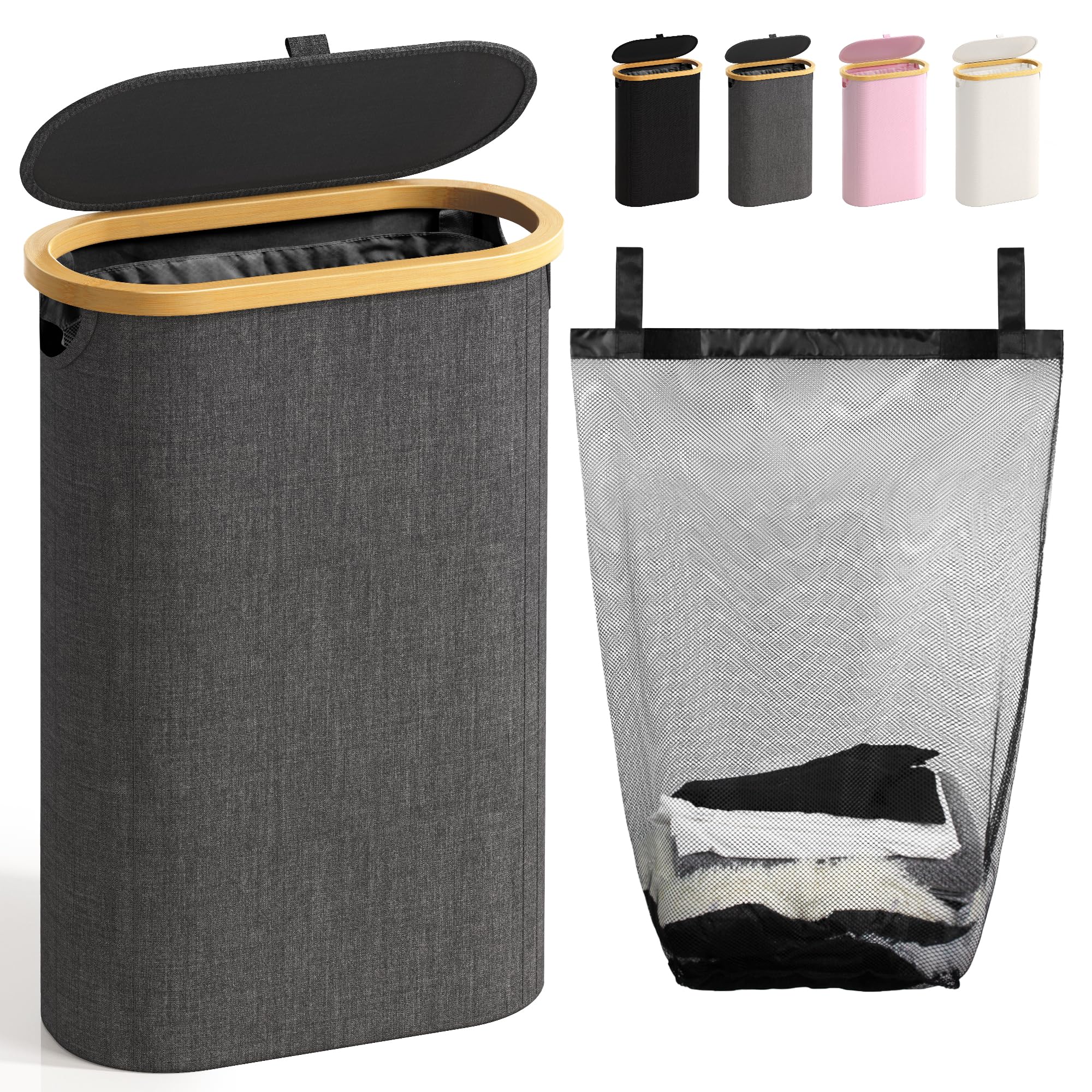 Slim Laundry Hamper with Lid, 60L Small Laundry Basket with Handles&Removable Bag, Thin Dirty Clothes Hampers for Laundry, Narrow Laundry Hampers for