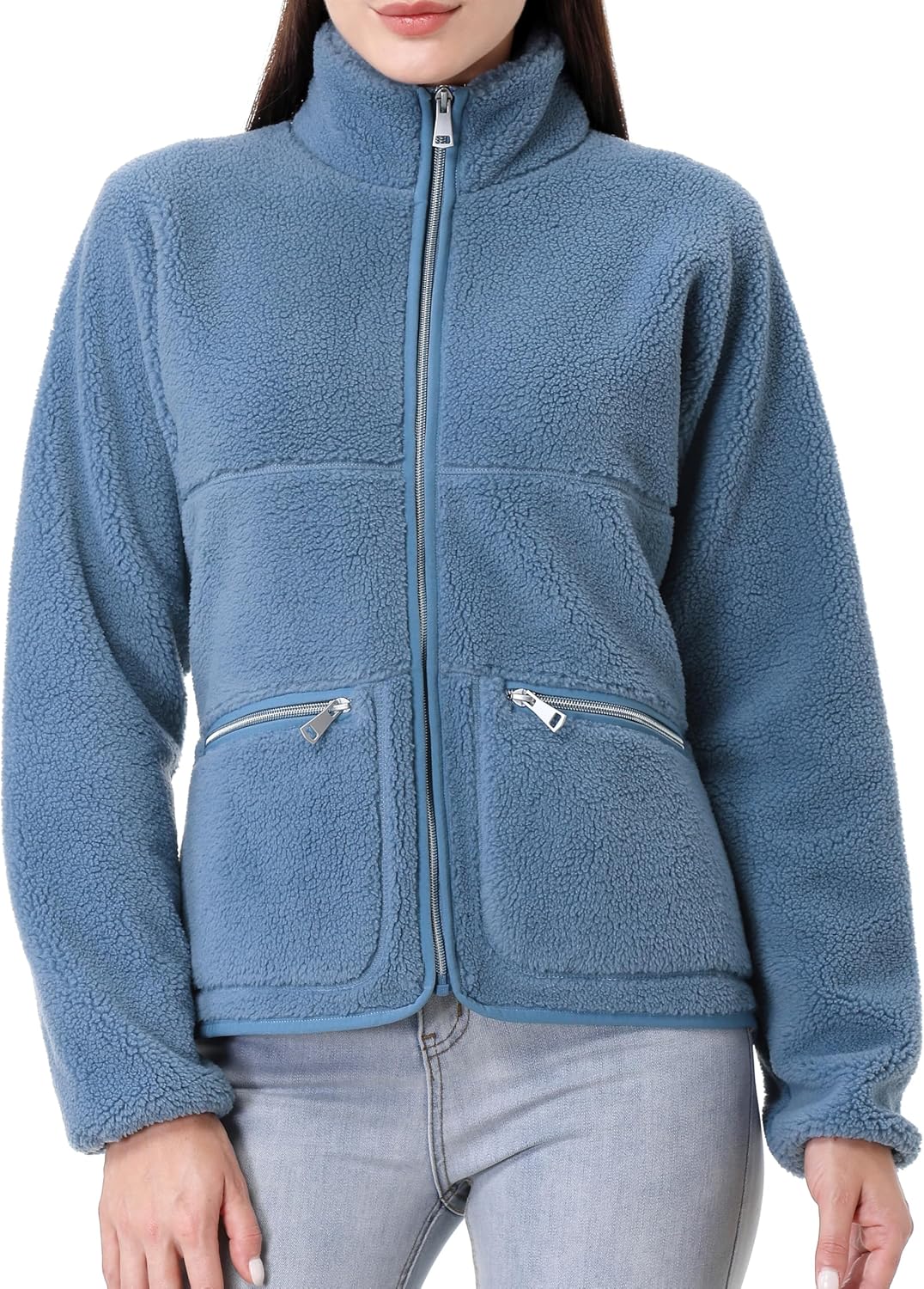 GIMECEN Women's Fuzzy Fleece Jacket Long Sleeve Zip Up Sherpa Coat Soft Polar Outerwear with Zipper Pockets - Image 2