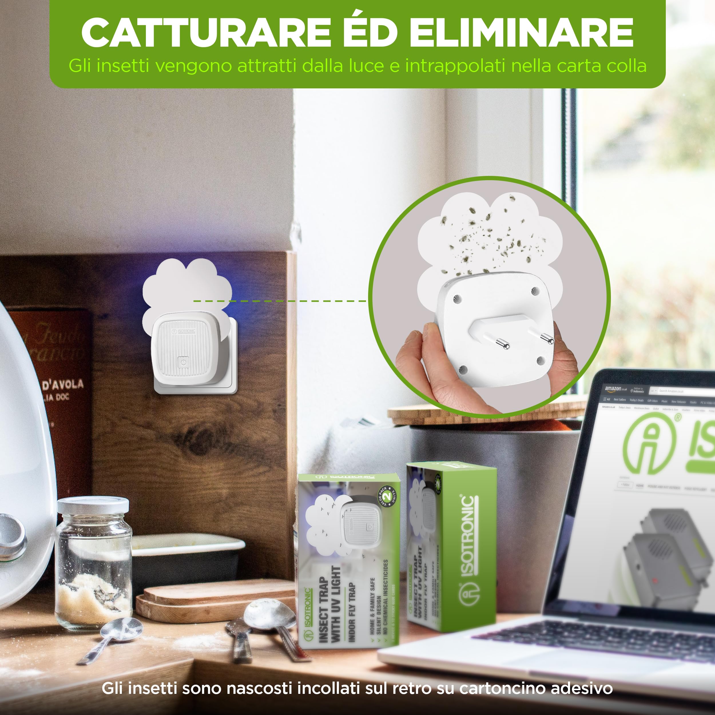 ISOTRONIC antizanzare presa elettrica mosche falene protezione luce UV pellicole adesive silenzioso interno trappola raggio 20m² 4 pezzo efficace casa camera difesa senza veleno stop insetti volo