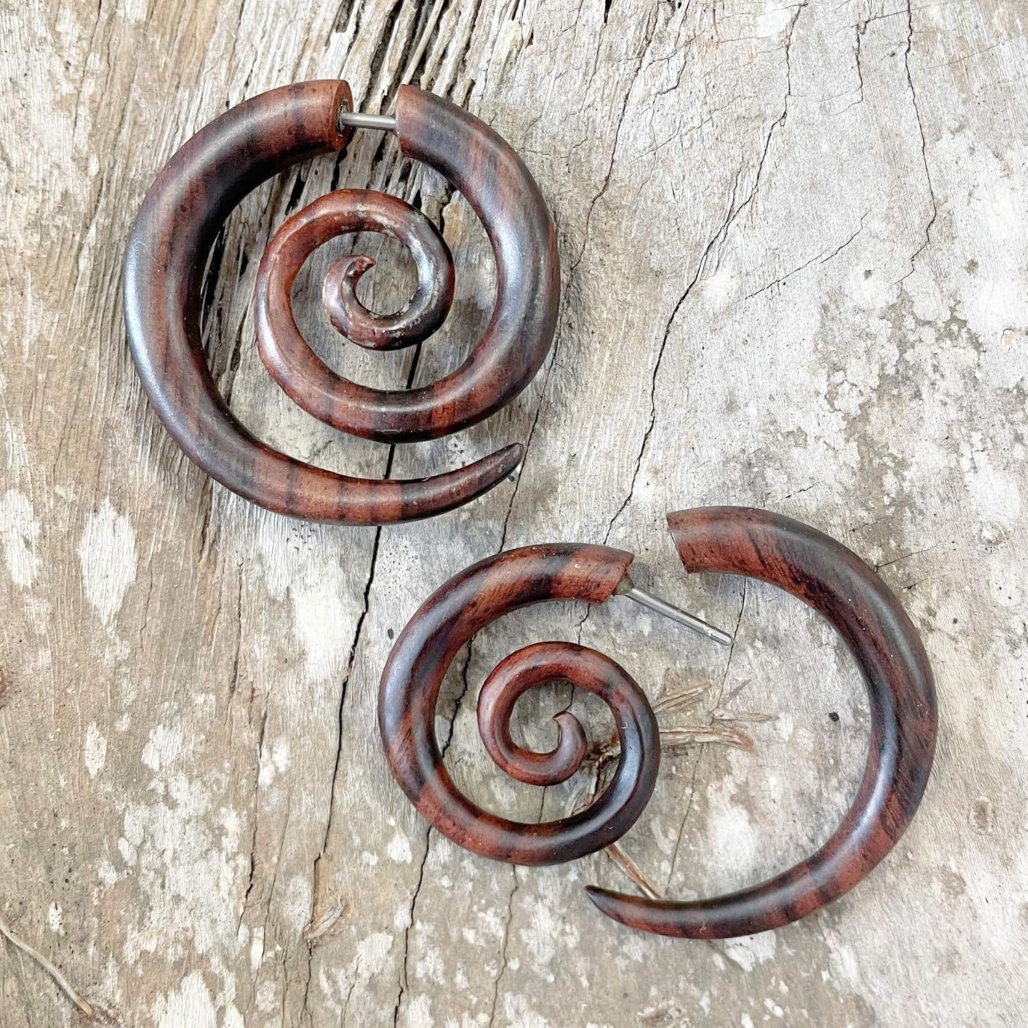 UMBRELLALABORATORY Natural Wooden Tribal Organic Boho Gothic Earrings Wood Stud Spiral Earrings for Women Men Black, Brown, White Hypoallergenic Emo Hippie Earring