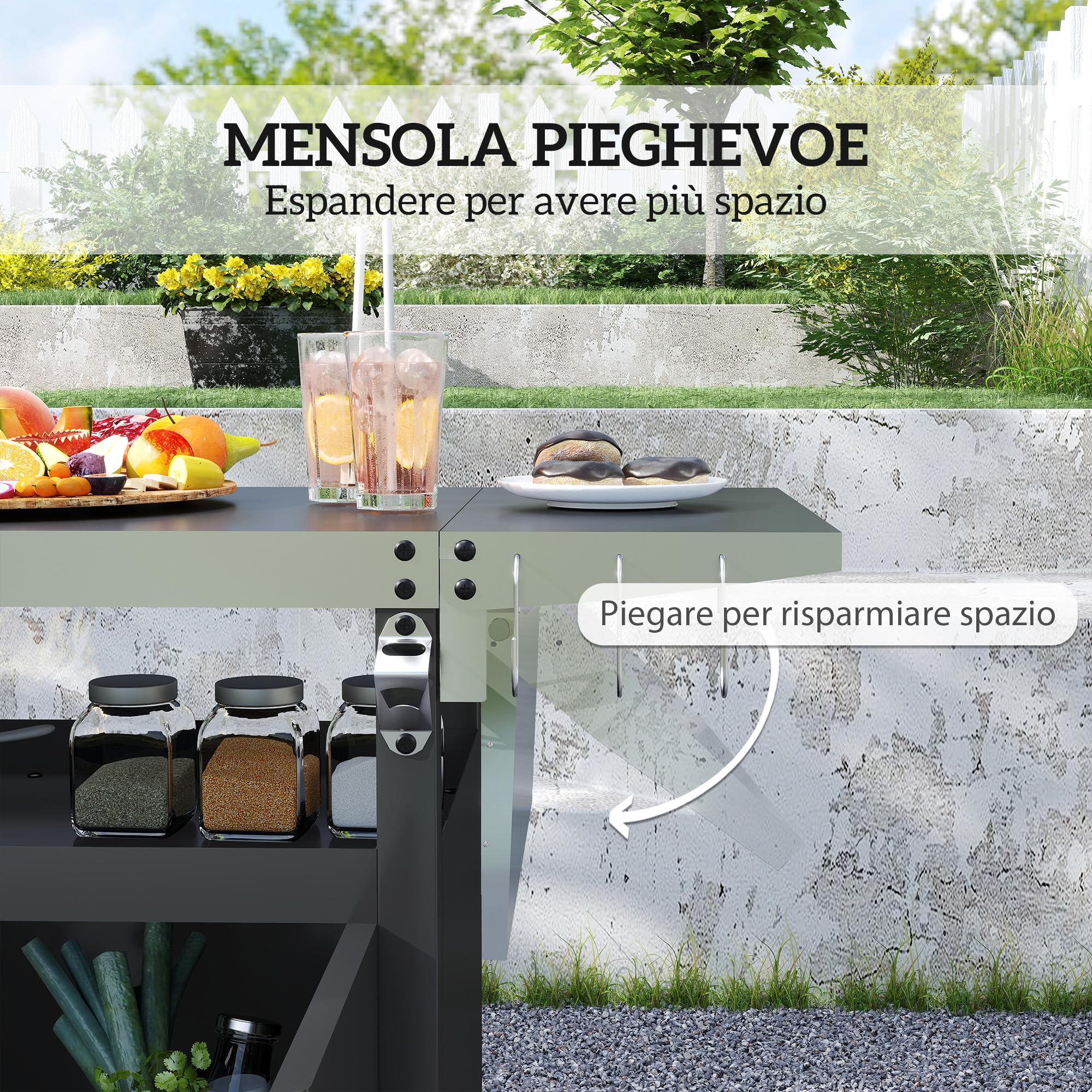 Outsunny Carrello Barbecue con Piano in Acciaio Inox e Tavolino Laterale Pieghevole, Tavolo Cucina da Esterno per Forno Pizza con Ruote, Maniglia, 6 Ganci e Apribottiglie, 116x50x93 cm, Nero