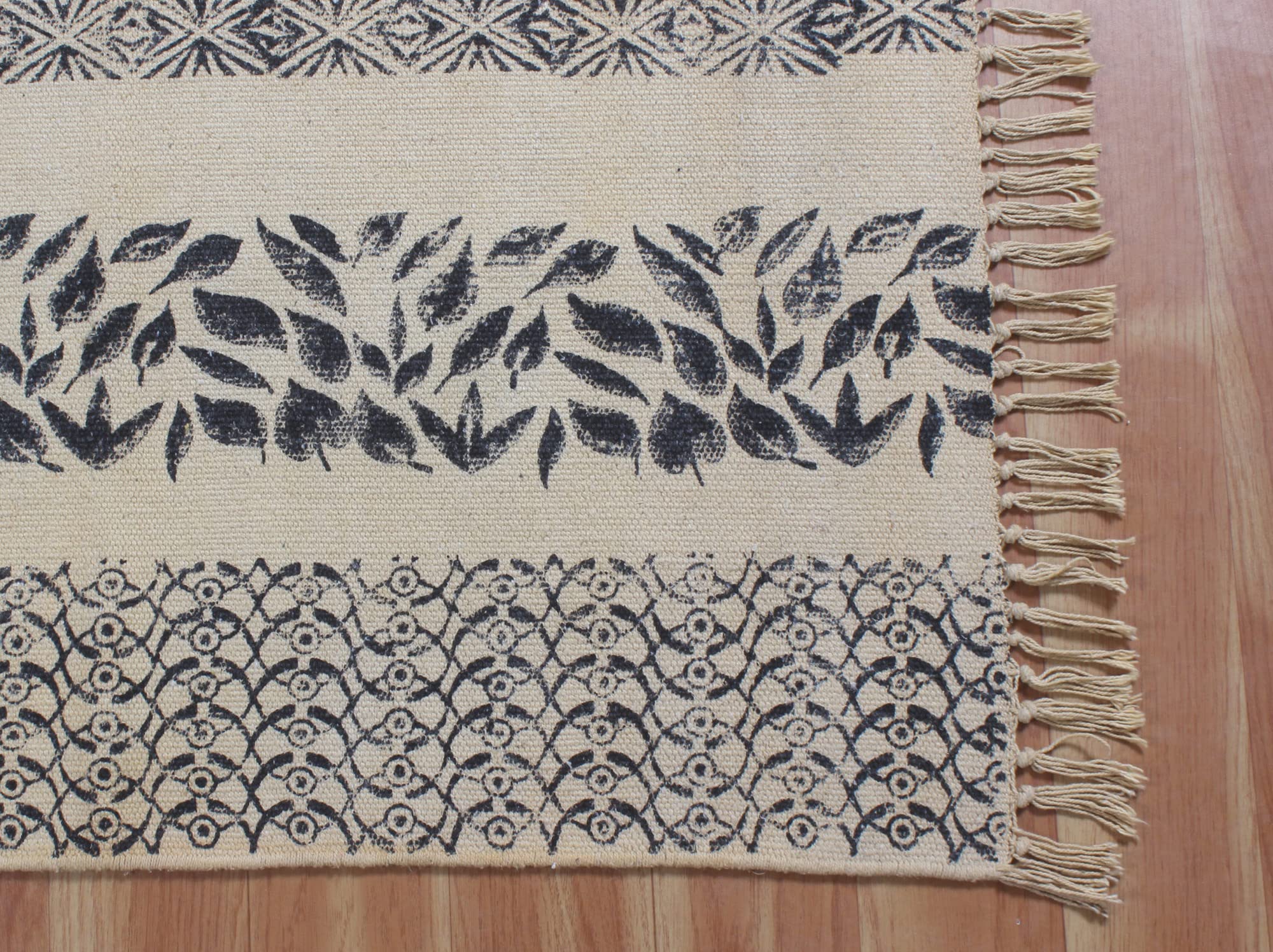 Tappeto da bagno bohémien per camera da letto Kilim in cotone Dhurrie Bohemian Kilim Flat Weave Beige & Black Area Tappeto decorativo facile lavabile Nappa Tappeto 180 x 180 cm