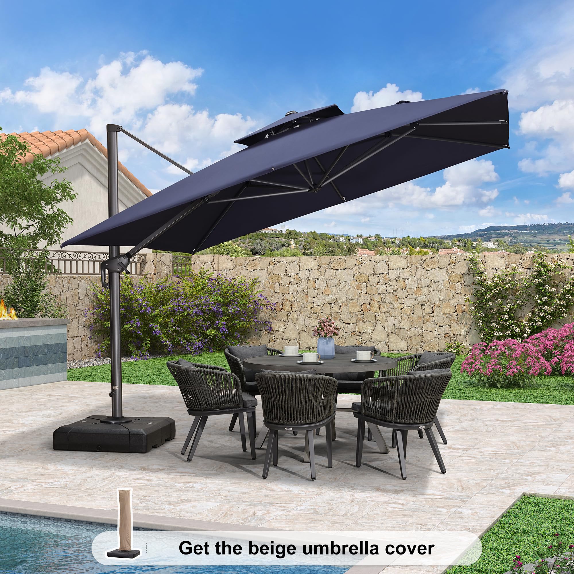 PURPLE LEAF 12ft Patio Umbrella with Base Large Outdoor Square Umbrella Deluxe Hanging Double Top Cantilever Offset Market Umbrella Windproof Garden Umbrella Navy