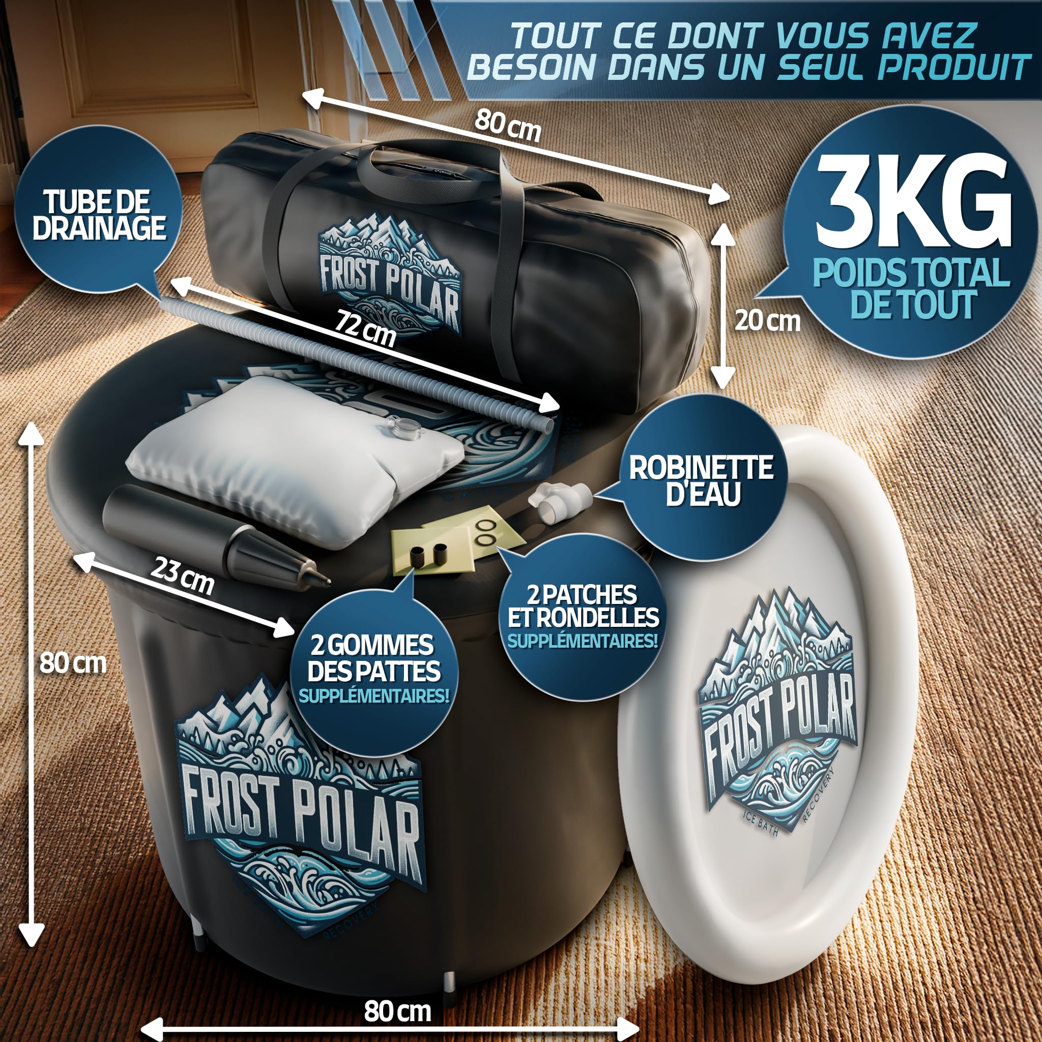 FROST POLAR - Bain Froid 350 Litres - Ice Bath 80 cm x 85 cm Supports en Alliage D'aluminium - Bain Nordique Inclus, Oreiller, Sac de Rangement Étanche et Pièces de Rechange.