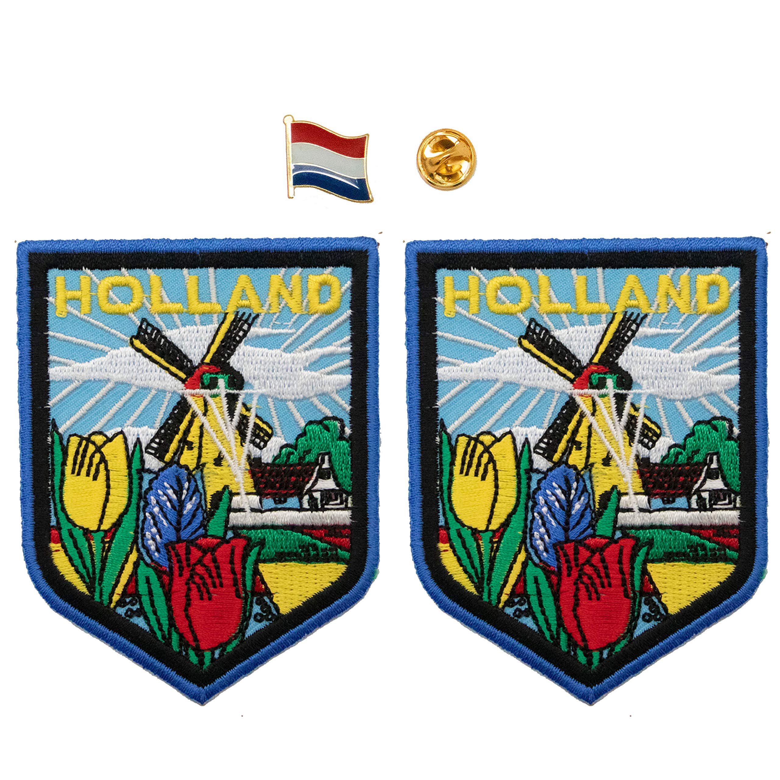 A-ONE 2+1 PCS Pack- Holland City Shield Patch with Windmill and Tulip 2Pcs + Holland Flag Metal Lapel Pin, Emblem Pin 1Pc