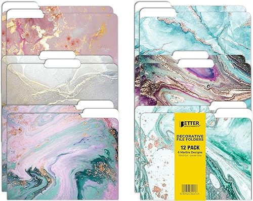 Better Office Products Carpetas decorativas para archivos, paquete de 12, 6 diseños, pesadas, tamaño carta (9.5 x 11.5 pulgadas) con pestaña de