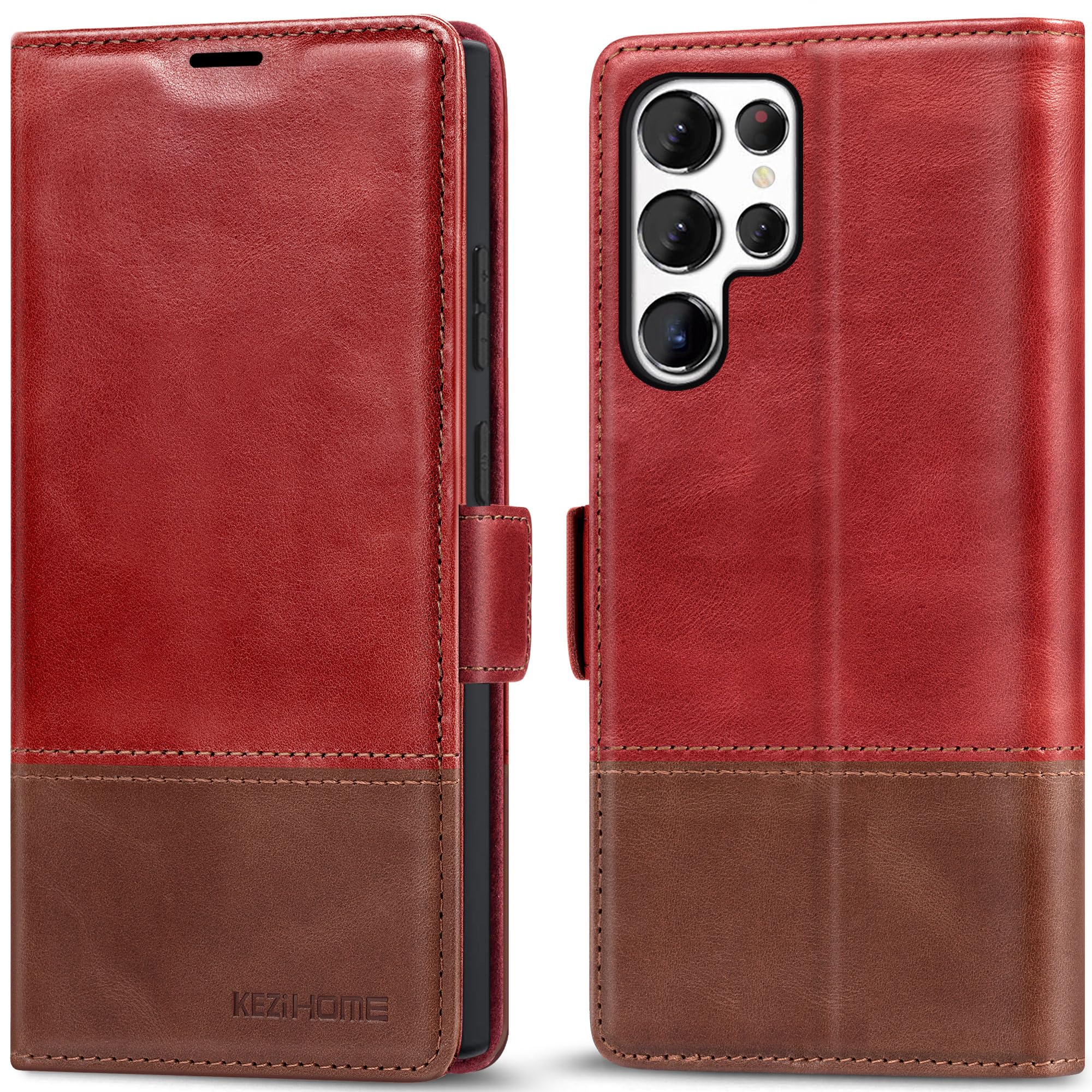 KEZiHOME for Samsung Galaxy S24 Ultra Case, Genuine Leather [RFID Blocking] Galaxy S24 Ultra Wallet Case, Card Slot Flip Kickstand Magnetic Phone