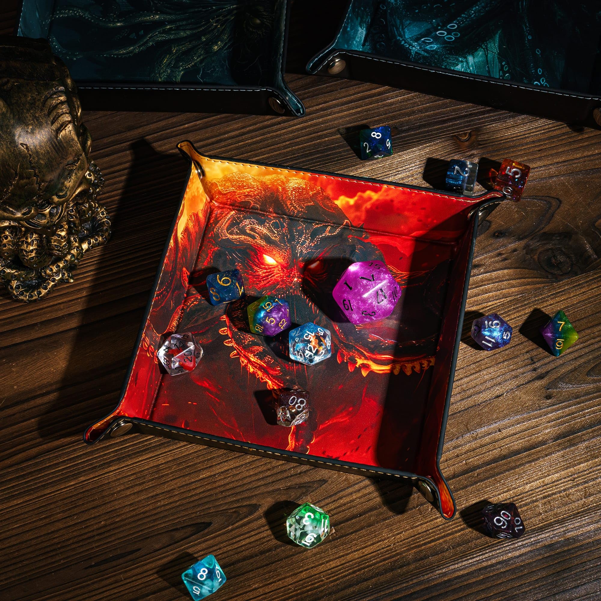 Cusdie PU Leather Dice Tray Square Tray for Dice Rolling and Storing Small Items - Cthulhu Design, Red Cthulhu - Image 2