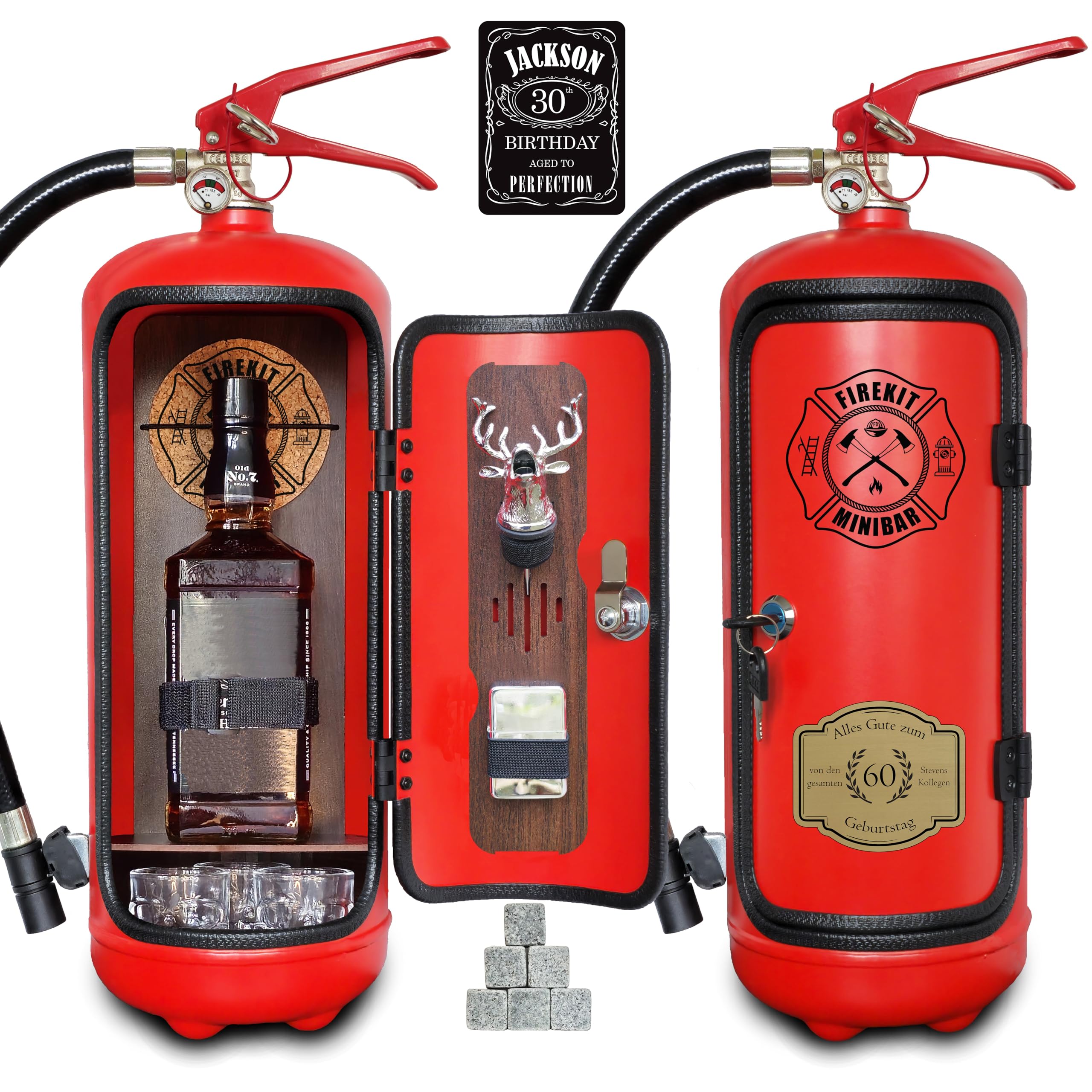 Feuerlöscher Minibar FEUERWEHRLER mit 7-teiligem Zubehör-Set inkl. 3 Schnapsgläser, Whiskysteine, Schnapsausgießer, Feuerzeug und Korkuntersetzer