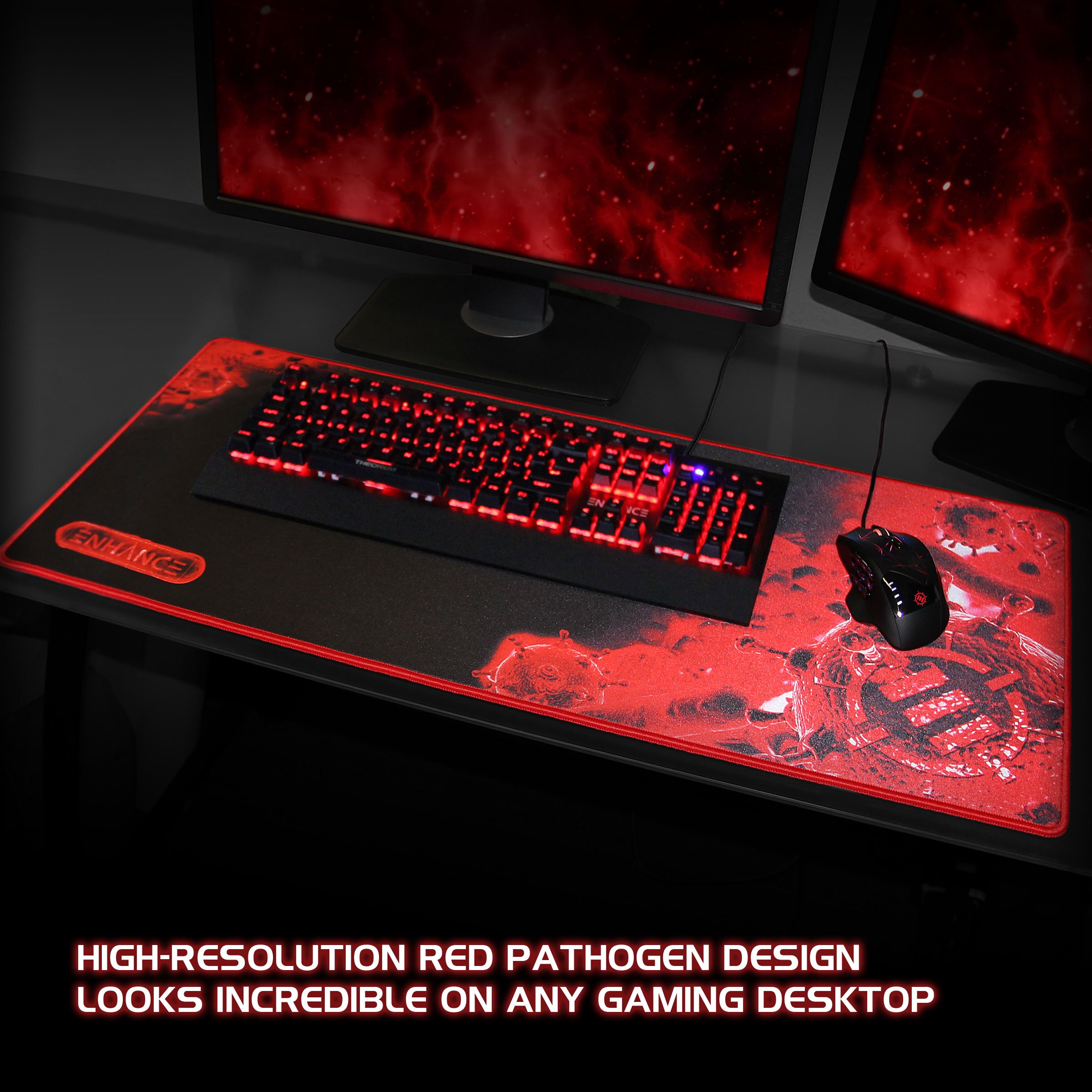 ENHANCE Mouse Pad da Gioco - Tappetino per Mouse XXL (80 x 35 cm) Cuciture Anti-Sfaldamento con Superficie di Scorrimento a Basso Attrito e Supporto Antiscivolo - Rosso