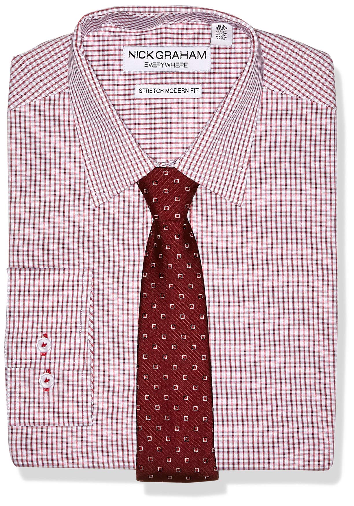 Men's Stretch Modern Fit Gingham Dress Shirt and Dot Tie Set