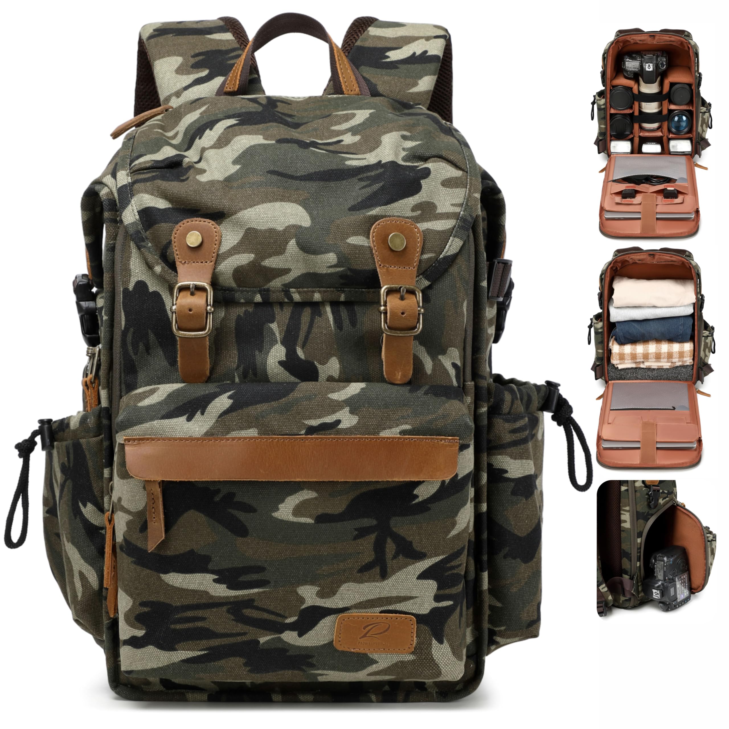 Padwa Lifestyle Camouflage Canvas Camera Backpack - Professional DSLR &amp; UAV Camera Bag,Anti Theft Camera Backpack with Rain Cover,Large Capacity Photography Travel Camera Bag with Multi Compartments