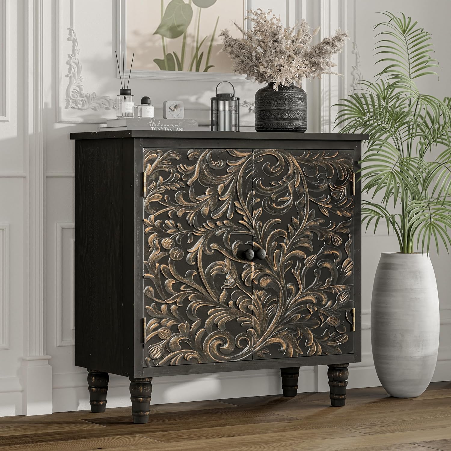 LONYKE 2 Door Farmhouse Storage Cabinet with Embossed Distressed Flower Motif, Vintage Side Table for Living Room, Bedroom, Boho, Black