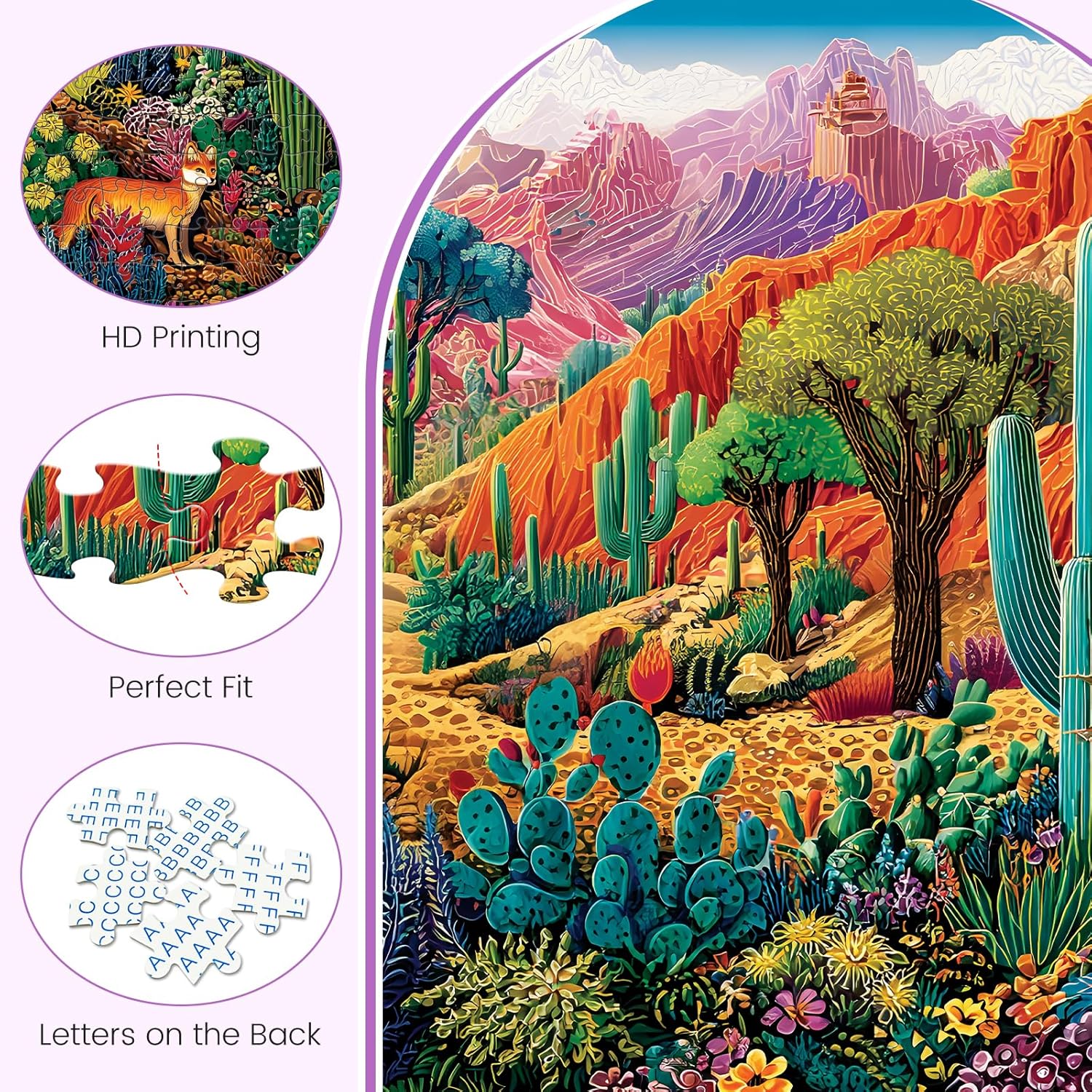 500 Piece Jigsaw Puzzles for Adults, Colorful Desert 500 Piece Puzzle, Vibrant Landscape with Cacti, Fox and Mountains Jigsaw Puzzles, Relaxing Gift for Adults, Seniors, 20.5 x 15 in