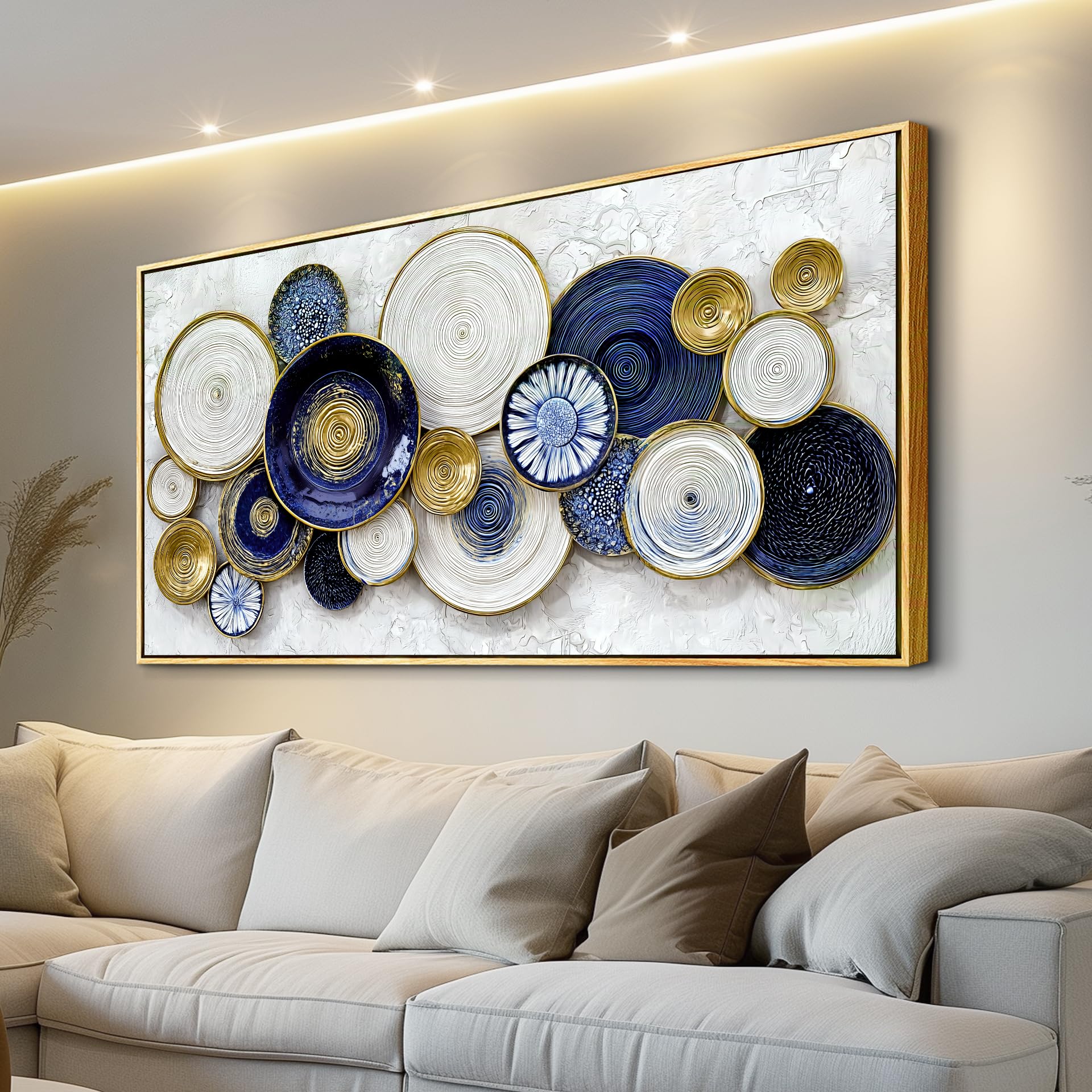 JUDASJART Large Wall Decor For Living Room Canvas Wall Art For Office Modern Wall Decorations For Bedroom Blue Swirl Gold Trim Landscape Painting