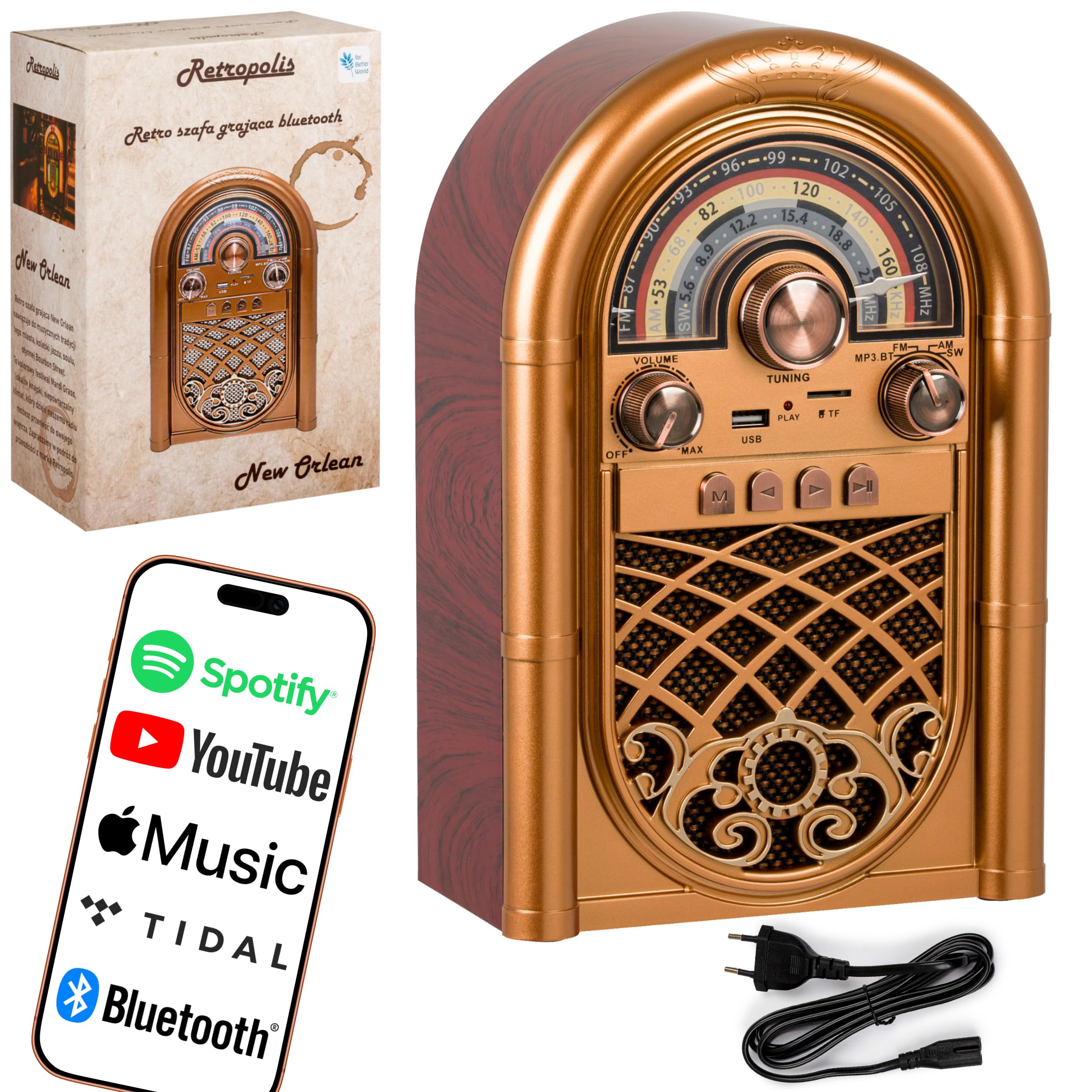 Retropolis New Orleans – Retro Radio mit Bluetooth 5.0, Tragbares Radio FM/AM/SW, 1200mAh Akku, USB/microSD MP3-Player, Powerbank-Funktion, Netz- und Batteriebetrieb