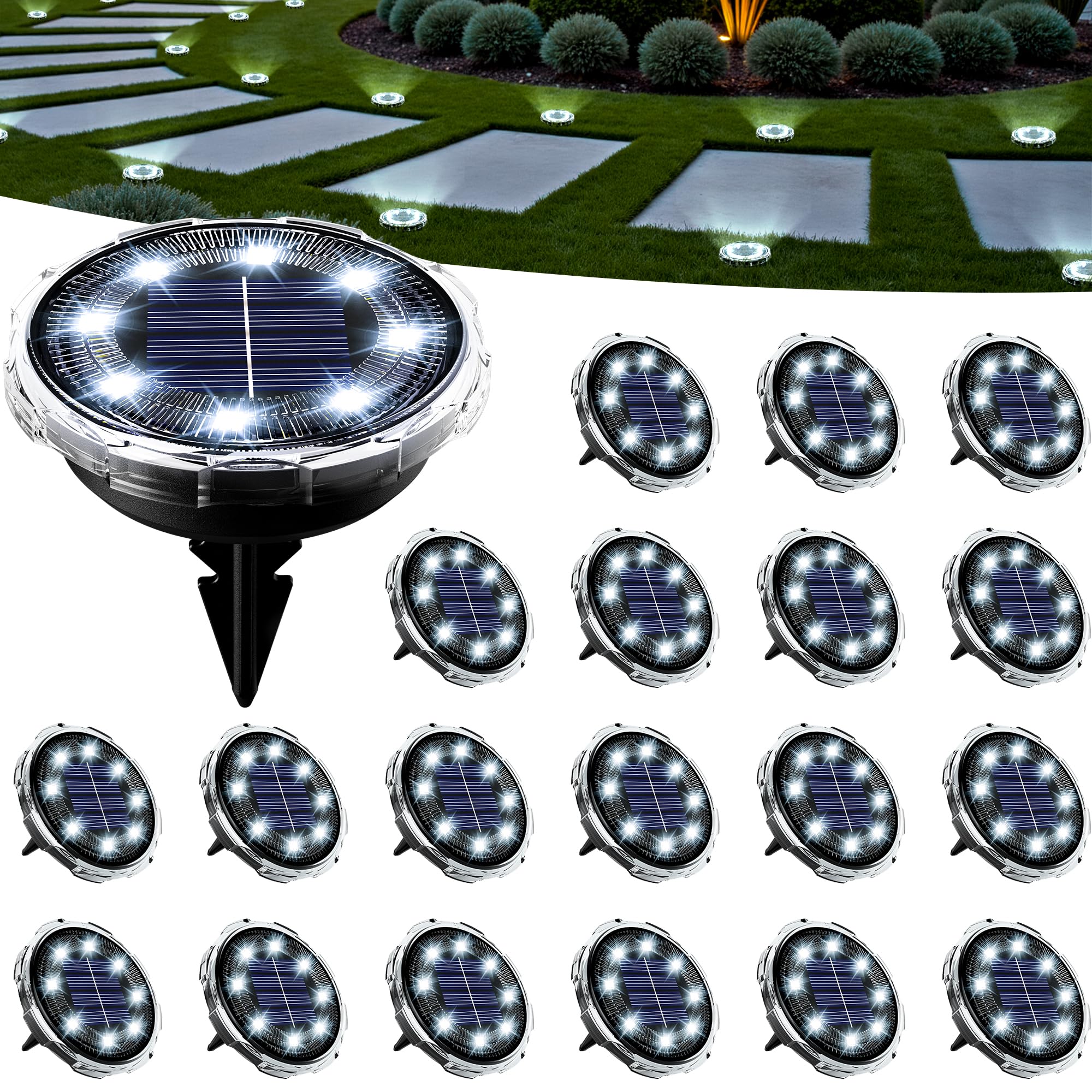 TYHBRV Solar Ground Lights 12 Pack, Solar Pathway Lights Outdoor Waterproof, Landscape Lighting for Garden, Walkway, Driveway, Yard, Deck, Patio, Swimming Pool (Cool White)(Cool White,20 Pack)