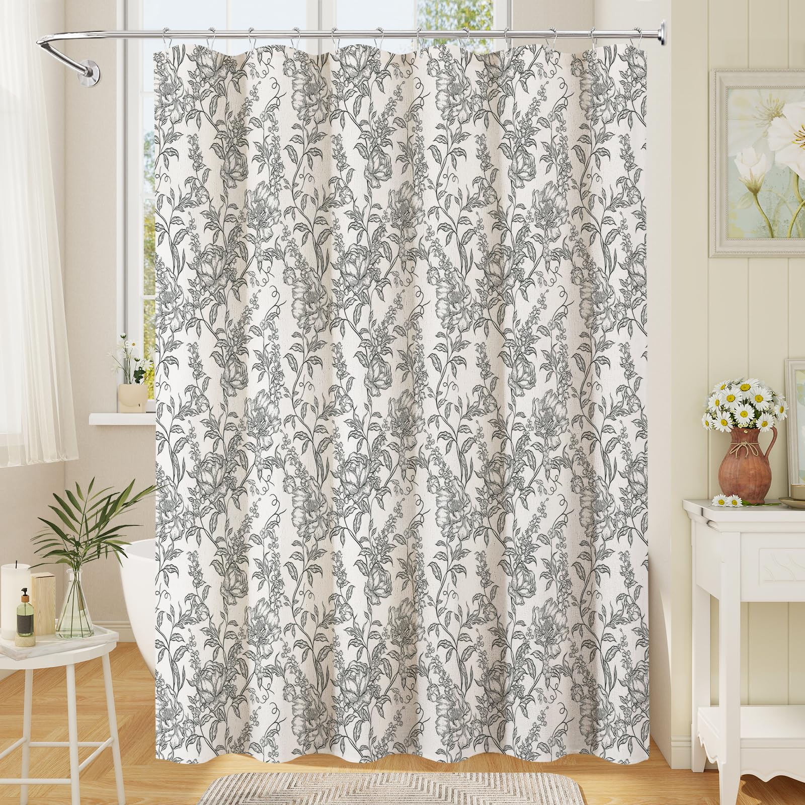 Craidlela Farmhouse Linen Floral Shower Curtain, Vintage Botanical Print for Rustic Bathroom Decor, Linen Blend Garden Bathroom Curtain, Boho Black Shower Curtain 72x72 Inch
