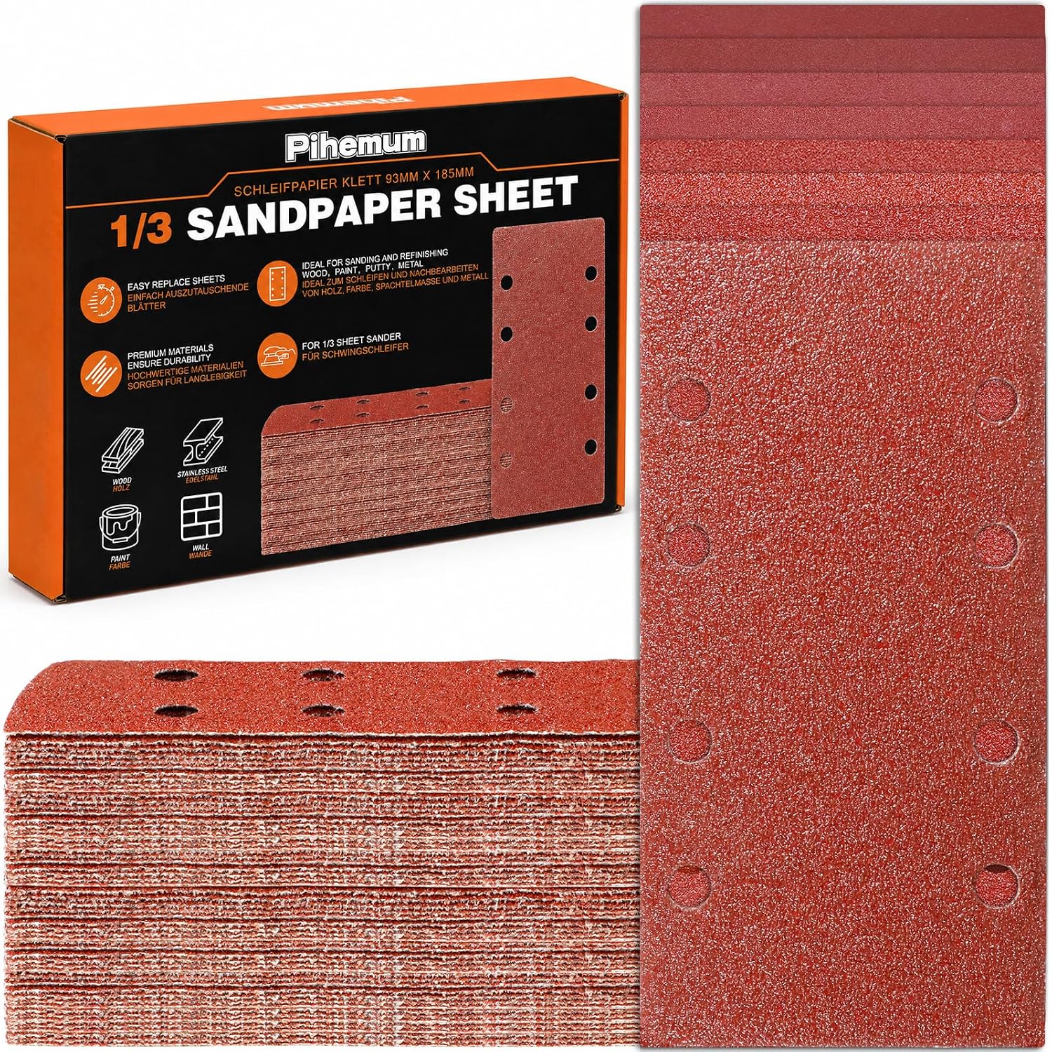 80 PCS Sandpaper Sheets Assorted 40-400 Grit 8 Hole Hook and Loop Sanding Sheets for Electric 1/3 Sheet Sander