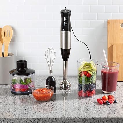 Classic Cuisine Immersion Blender-4-In-1 6 Speed Hand Mixer Set Whisk Food Processor Cup, 32oz. Beaker, For Soup, Milkshakes, Salsa, and More