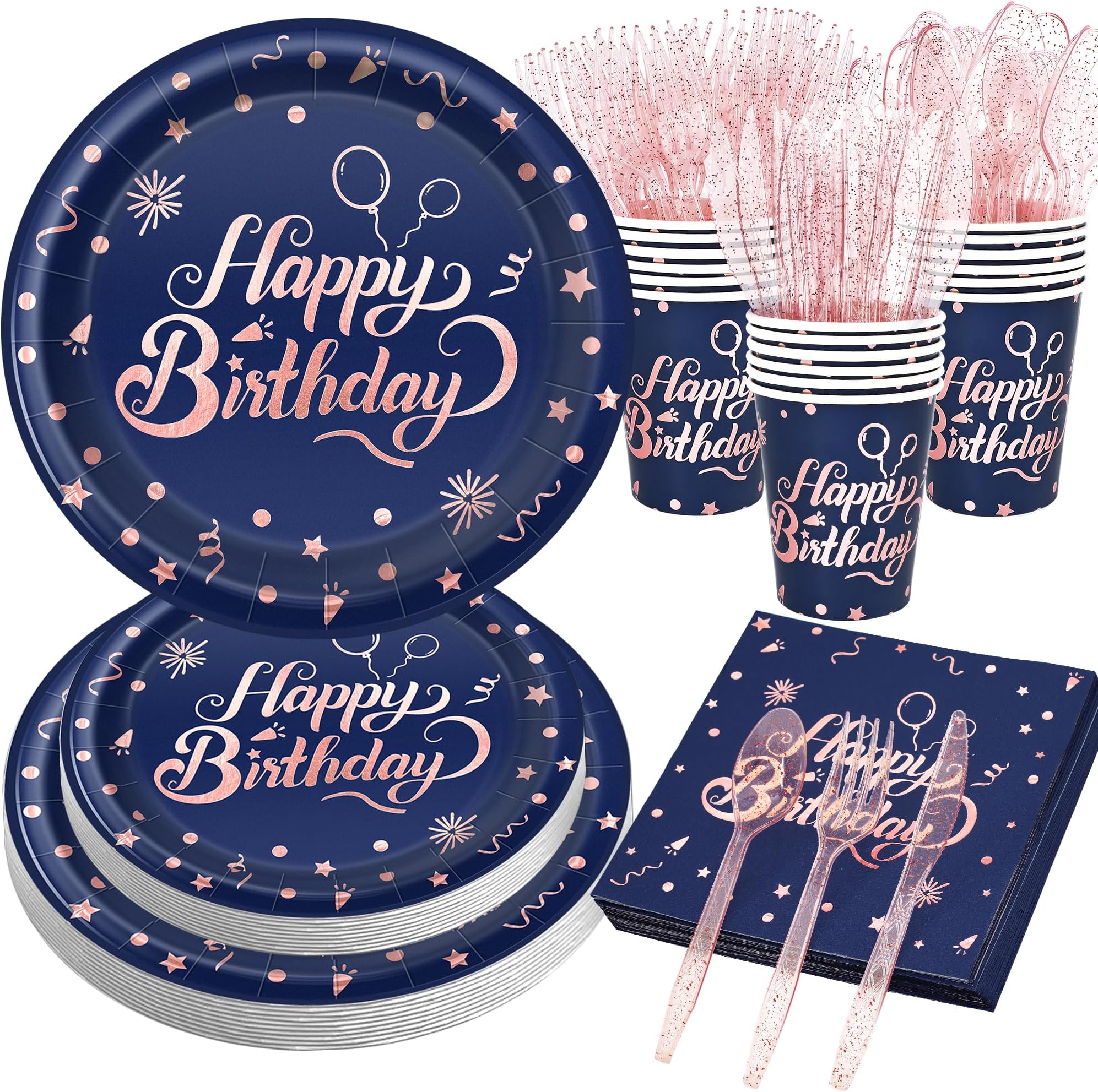 168Pcs Birthday Party Supplies Navy Blue and Rose Gold Birthday Party Disposable Tablerware Set Birthday Paper Plates and Napkins Cups Knives Spoons Forks for 24 Men Women Birthday Party Decorations