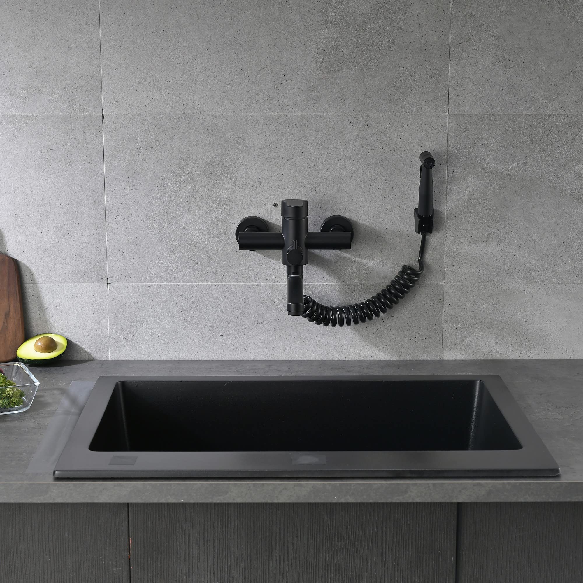 rubinetto da parete per cucina,Rubinetto per cucina a muro, Rubinetto da cucina con pistola girevole a 360°(Nero)